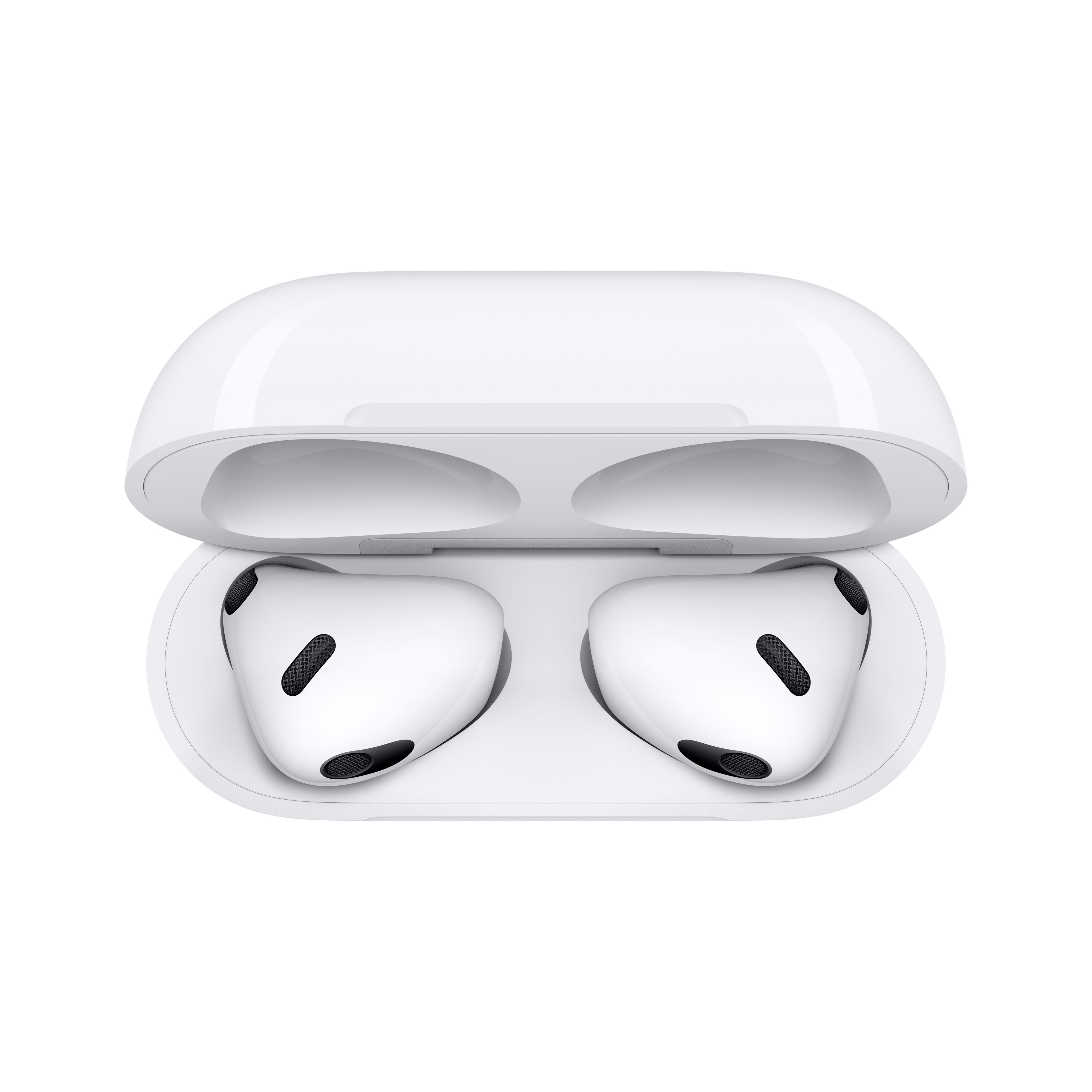 Białe AirPods w etui ładującym, otwarte i pokazujące słuchawki.