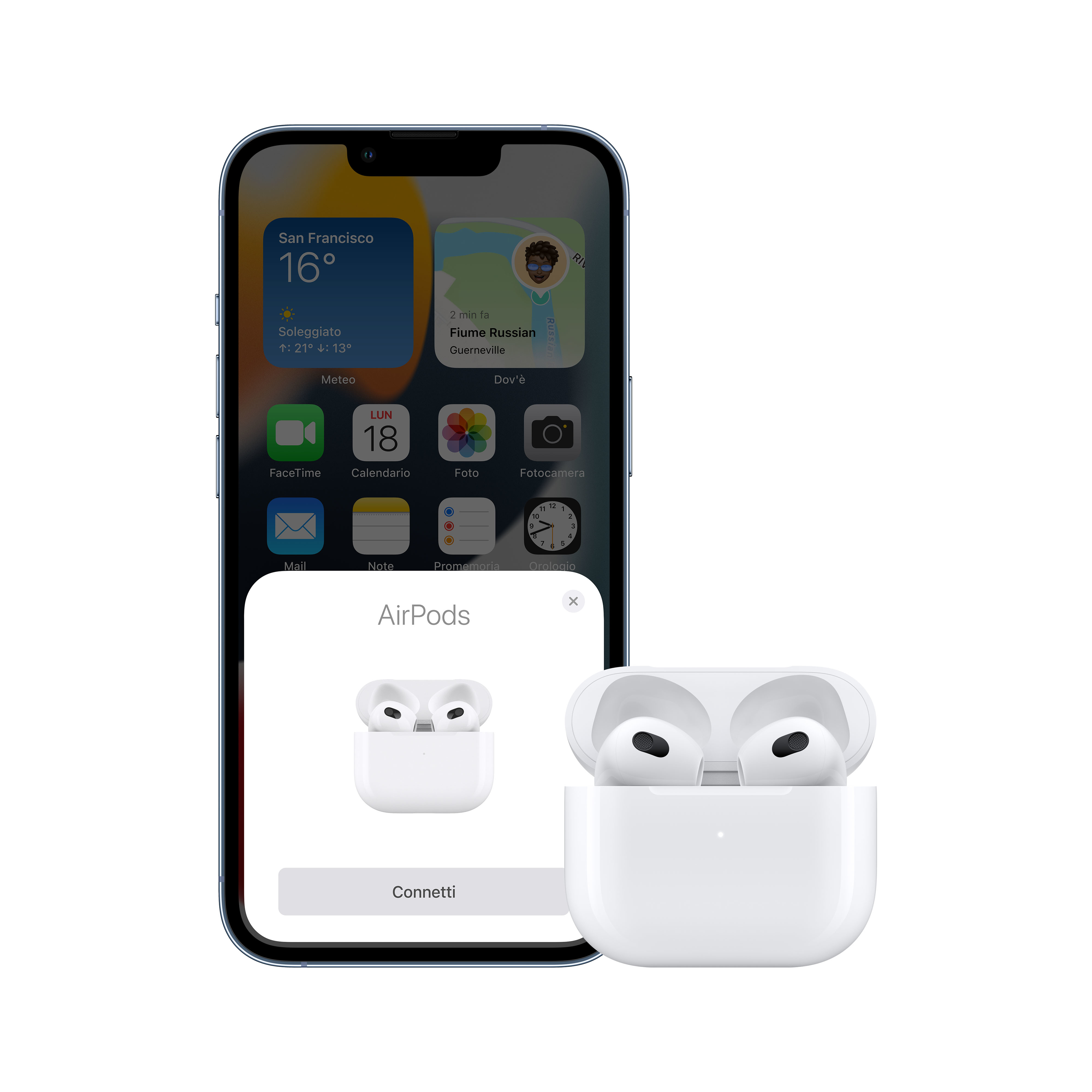 iPhone wyświetlający ekran parowania AirPods. Etui i AirPods widoczne.