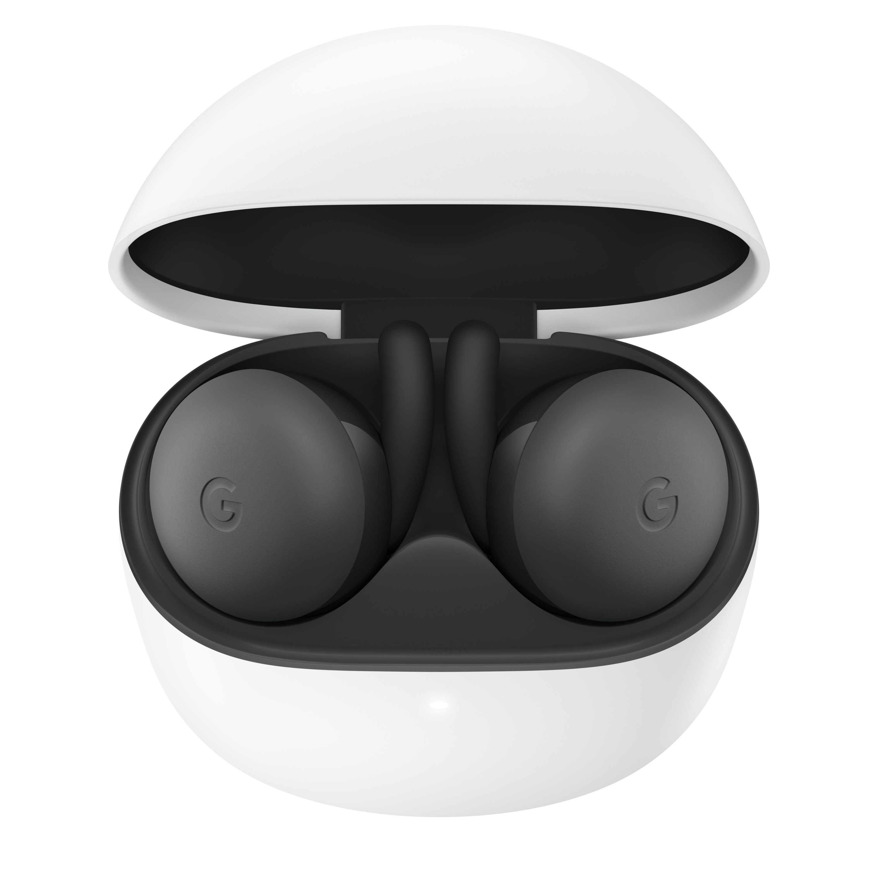 Białe etui ładujące z czarnymi słuchawkami. Etui jest otwarte, pokazując słuchawki i logo.