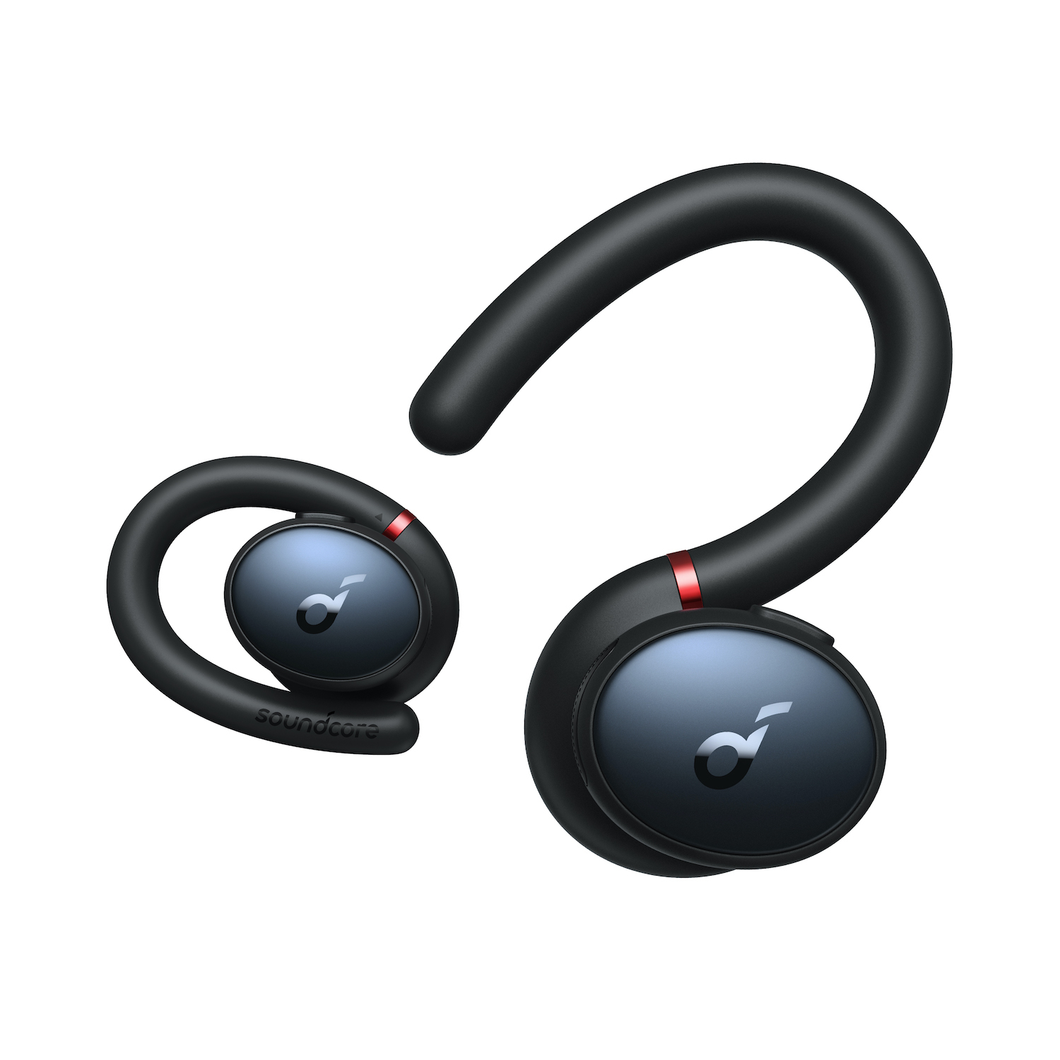 Schwarze und blaue In-Ear-Kopfhörer mit Nackenband, auf weißem Hintergrund.