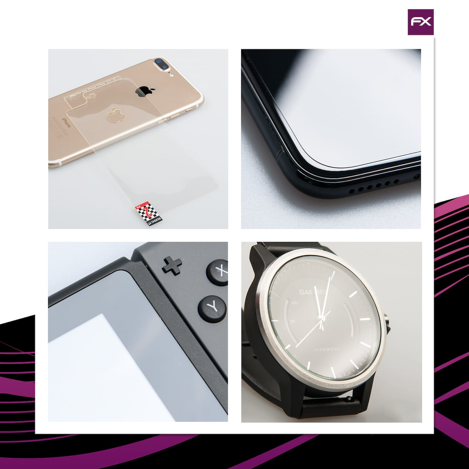 Nahaufnahme von Telefon- und Smartwatch-Komponenten, einschließlich Telefon, Uhr und Displayschutz.