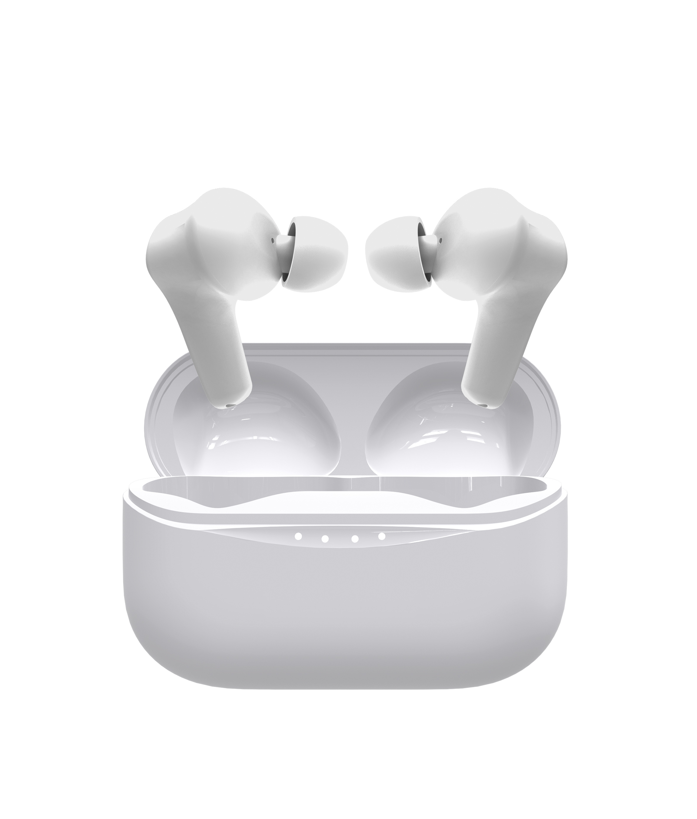 Auriculares inalámbricos blancos en su estuche de carga. El estuche está abierto, mostrando los auriculares.