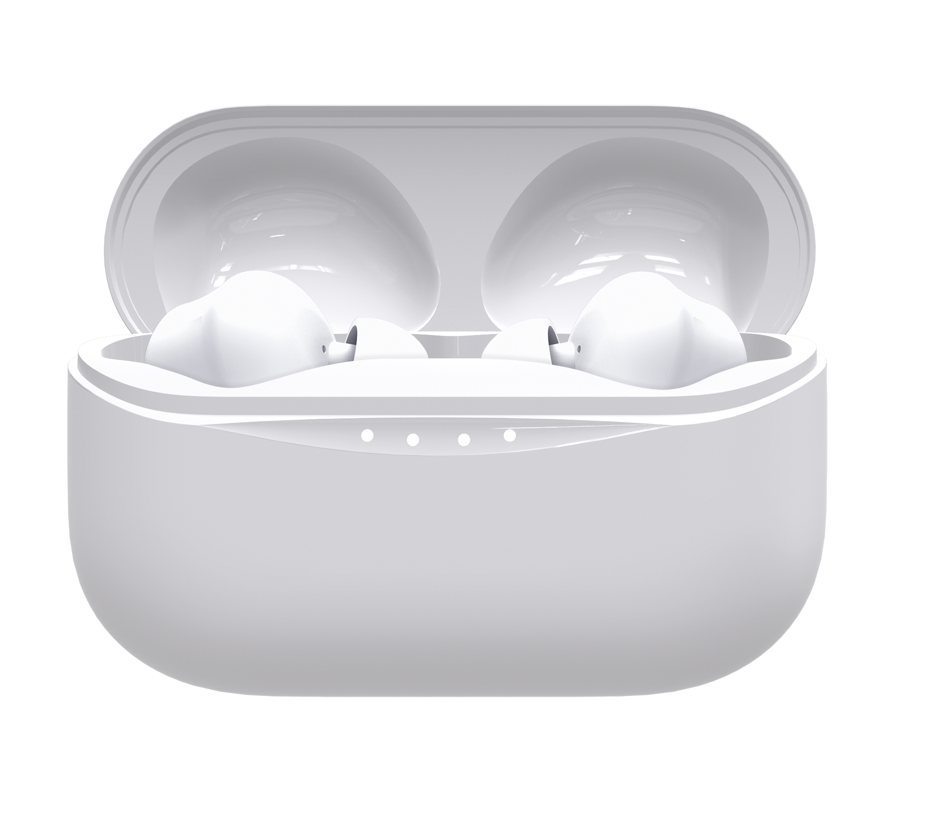 Auriculares blancos en un estuche de carga blanco, el estuche está abierto, sobre un fondo blanco.