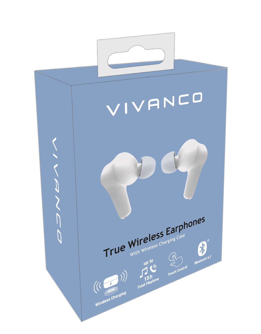 Caja azul para auriculares Vivanco. Auriculares blancos en la caja, con características.