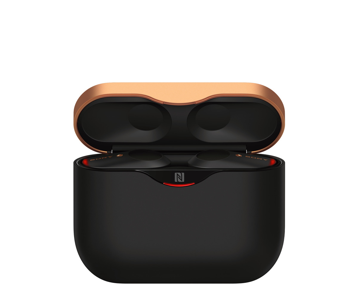 Geöffnete schwarze und kupferfarbene Ohrhörer-Ladehülle mit Ohrhörern im Inneren, auf weißem Hintergrund.