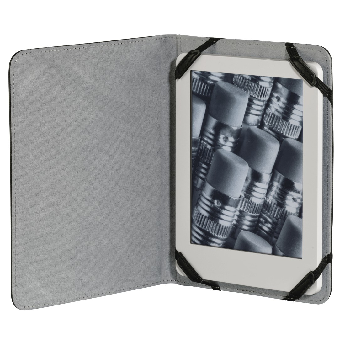 Tablet in einem grauen Gehäuse mit Stiften auf dem Bildschirm.