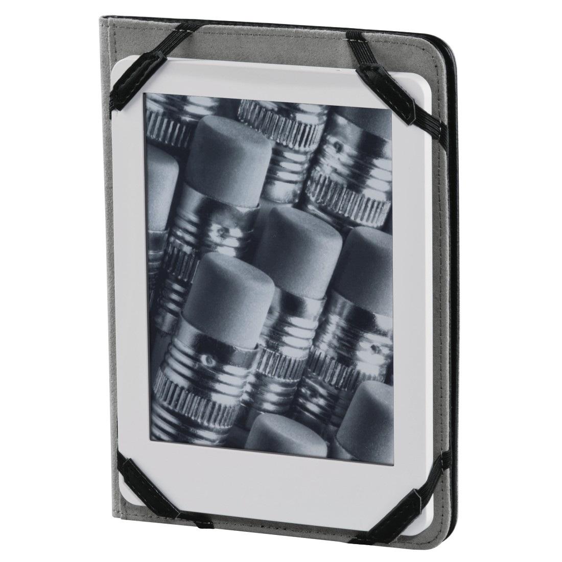 Ein Tablet in einem grauen Etui, vor einem Hintergrund aus Bleistiften.