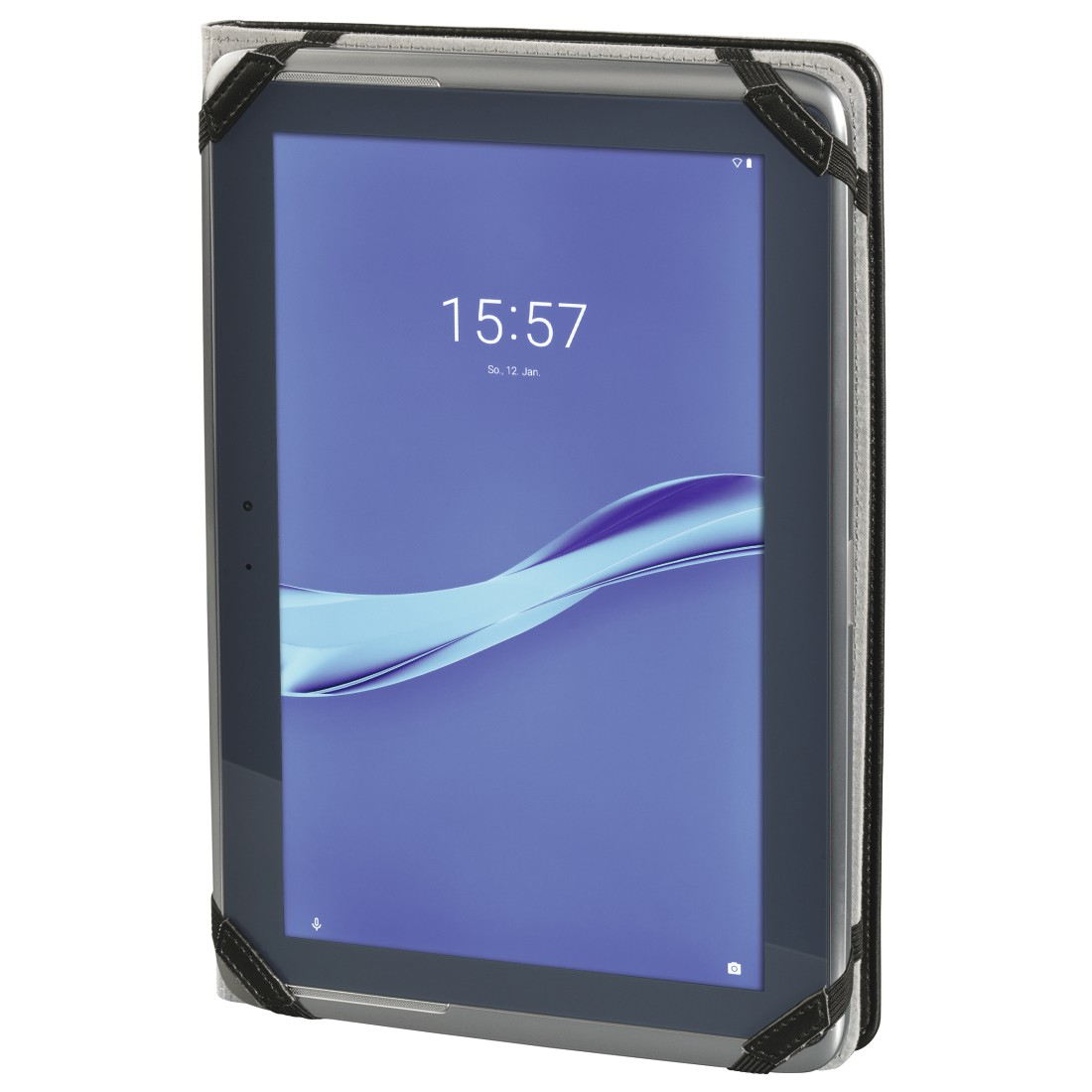 Ein Tablet in einer schwarz-grauen Hülle zeigt die Uhrzeit 15:57 auf einem blauen Bildschirm.