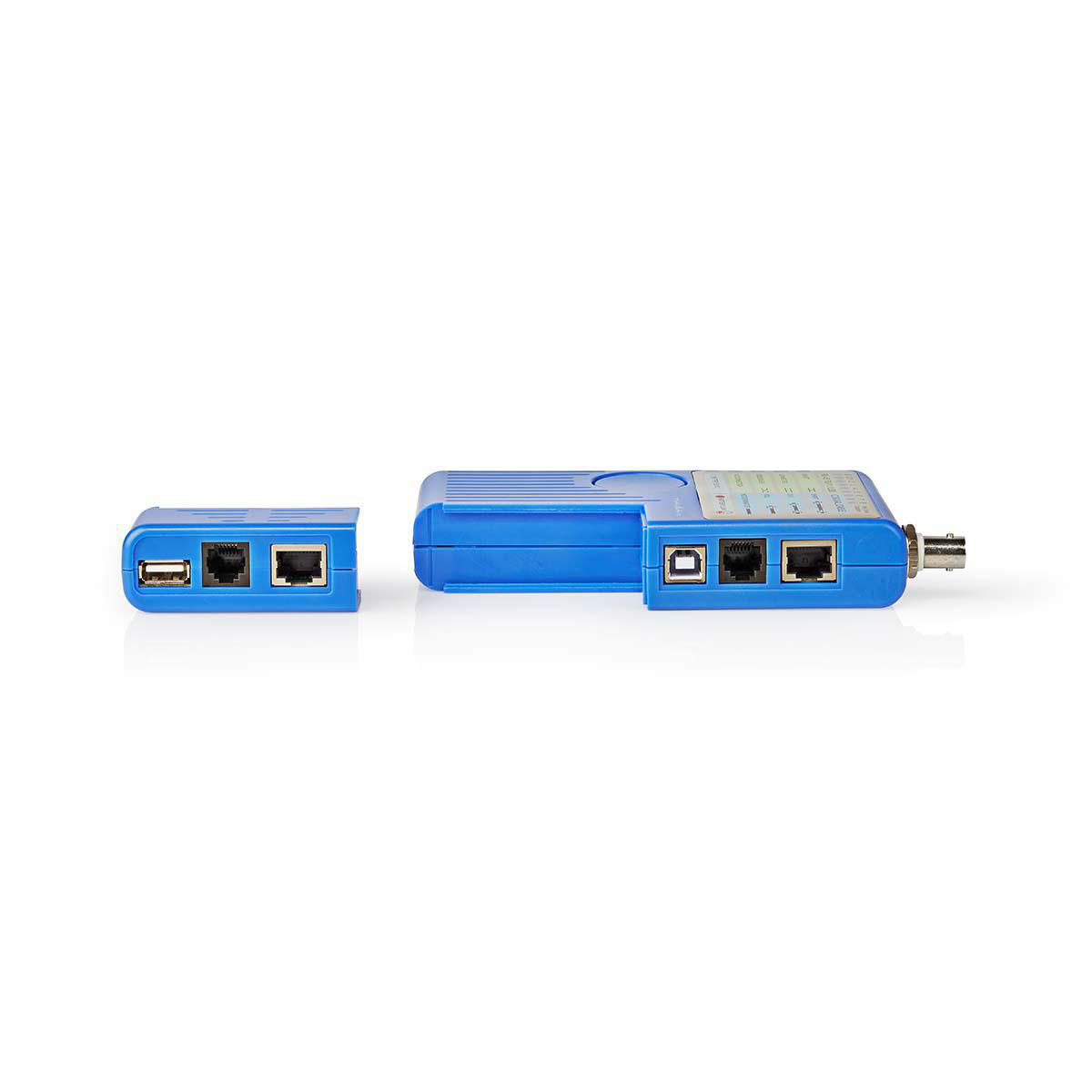 Blauw apparaat met USB- en netwerkpoorten. Het apparaat staat op een witte achtergrond.