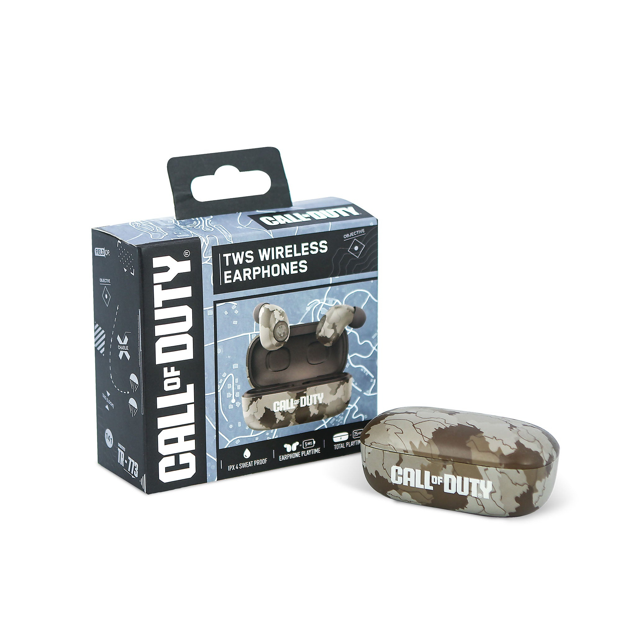 Una scatola di auricolari wireless TWS Call of Duty e una custodia per auricolari. La custodia ha un motivo mimetico.