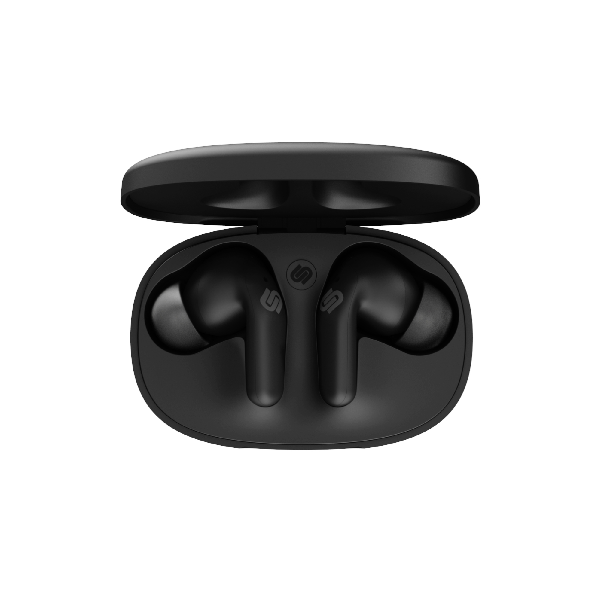 Czarne bezprzewodowe słuchawki w otwartym etui ładującym. Białe tło.