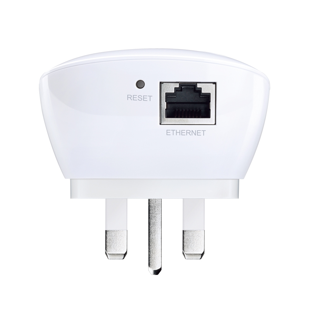 Adaptateur enfichable blanc avec port Ethernet et bouton de réinitialisation. Texte: RESET et ETHERNET.