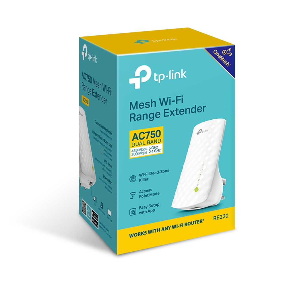 Une boîte d'extension de portée Wi-Fi avec texte et images. Extender blanc sur le côté.