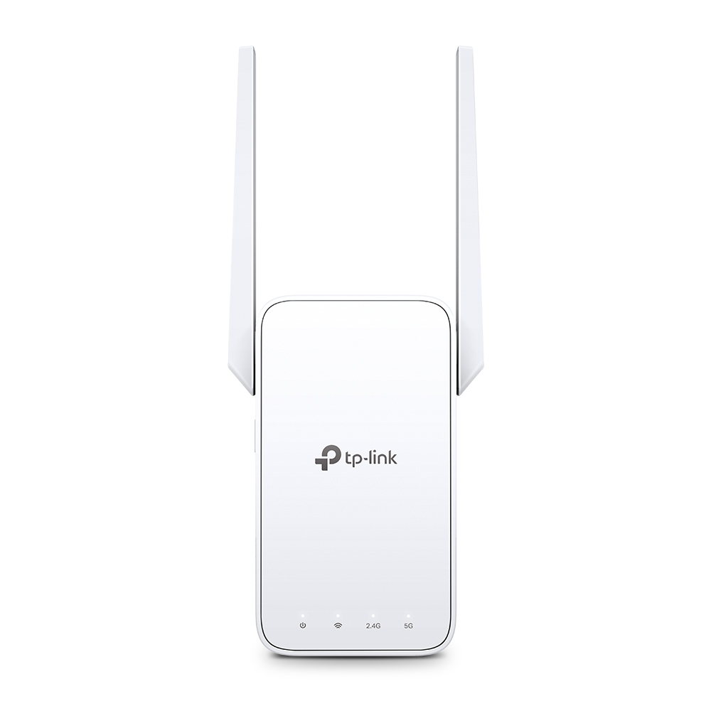 Weißer TP-Link WLAN-Repeater mit zwei Antennen. Drei Kontrollleuchten unten. Weißer Hintergrund.