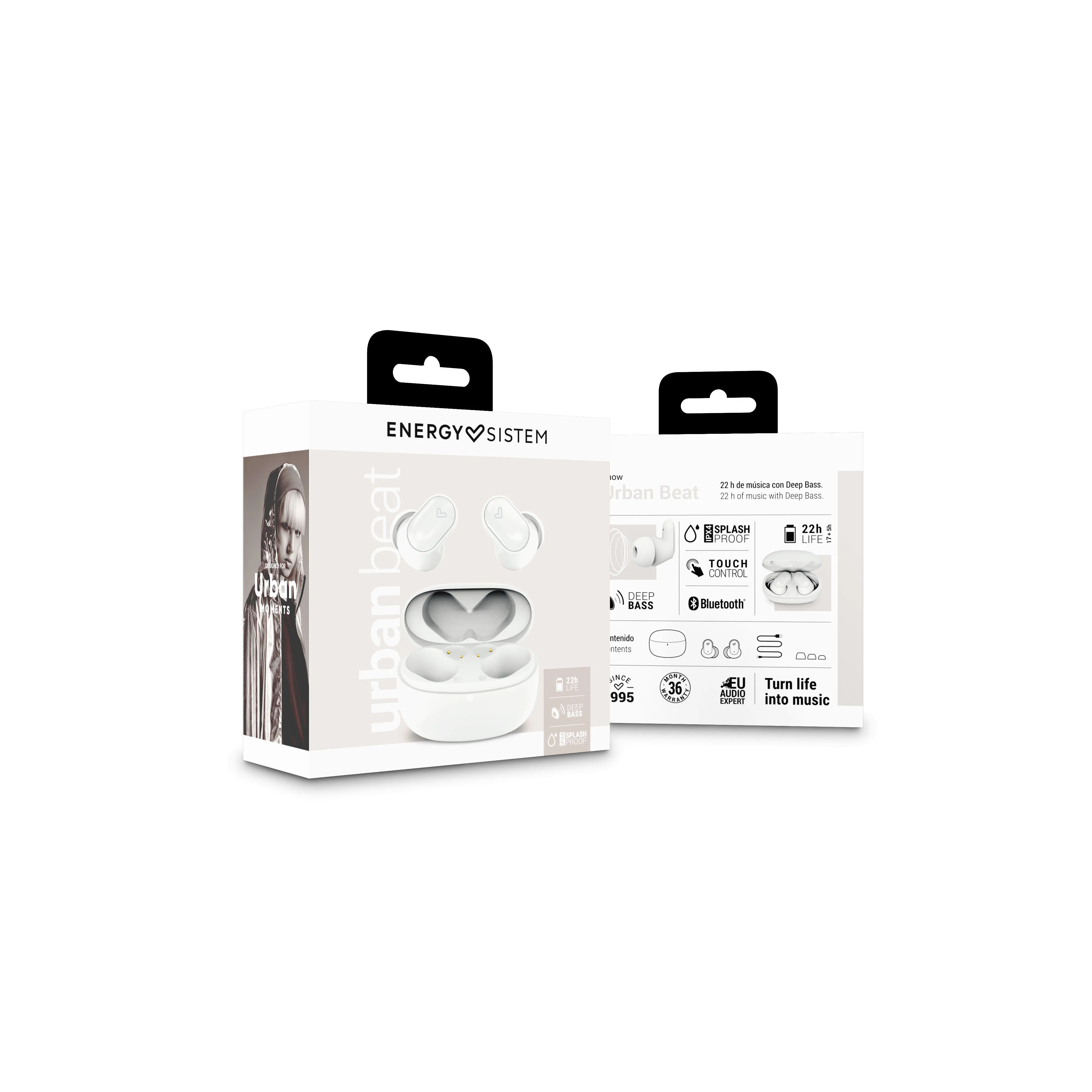 Eine Produktbox für Energy Sistem Urban Beat Ohrhörer, die das Produkt und seine Funktionen zeigt.
