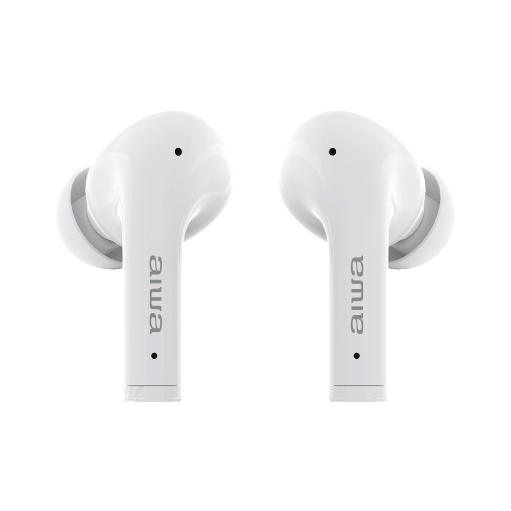 Białe słuchawki AIWA na białym tle. Każda słuchawka ma czarną kropkę i nazwę marki.
