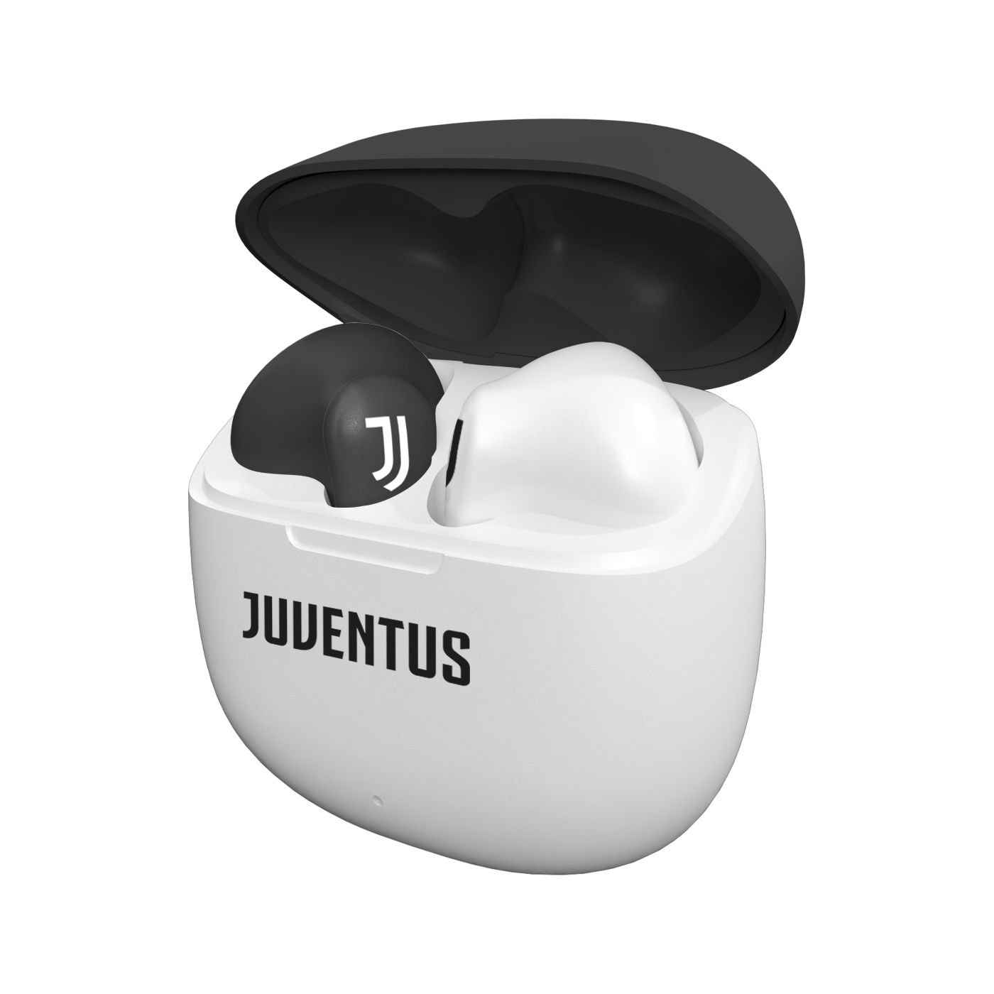 Auricolari Juventus bianchi e neri e custodia di ricarica, su una superficie bianca. Logo Juventus visibile.