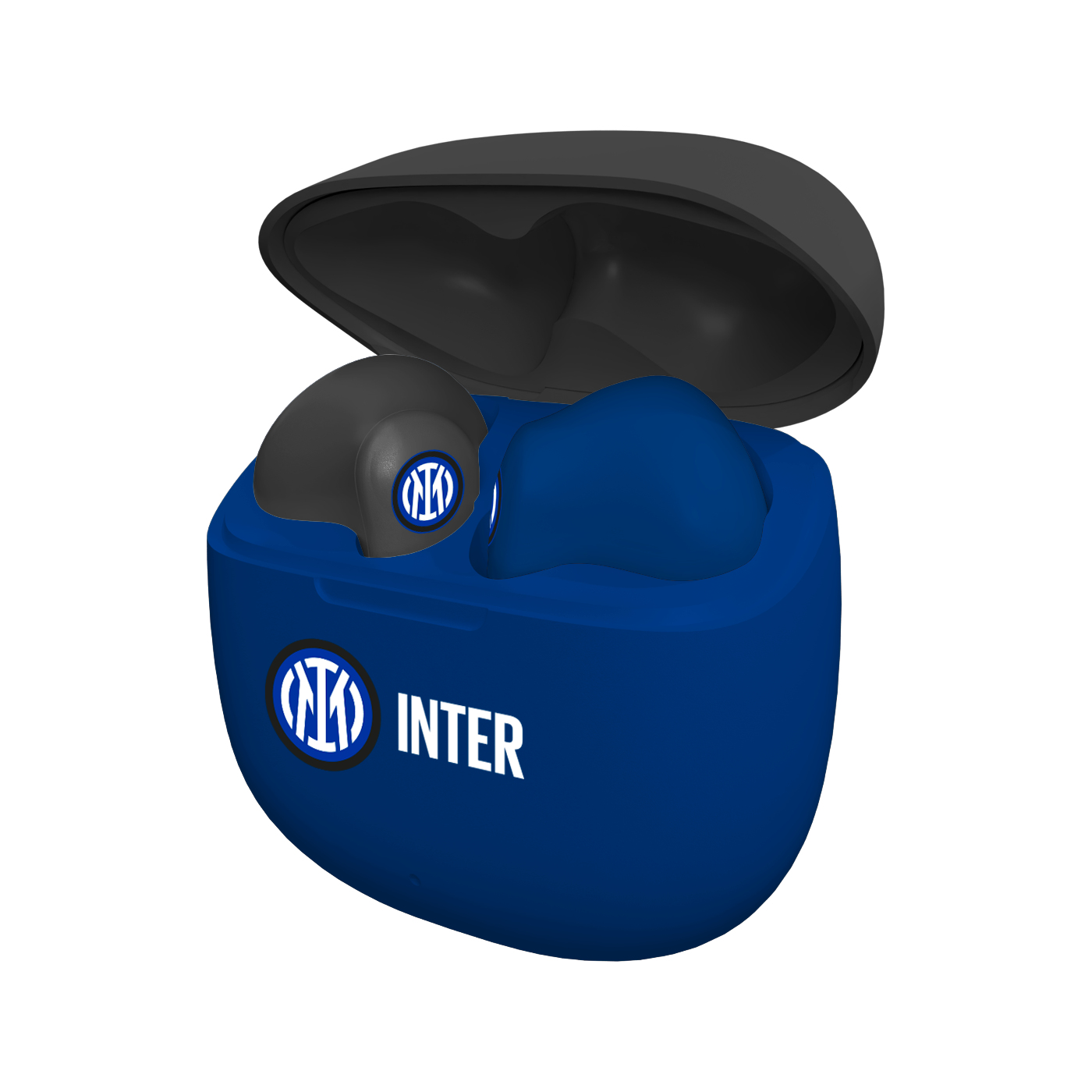 Auricolari blu e neri a marchio Inter in una custodia di ricarica. Custodia aperta, che mostra gli auricolari.