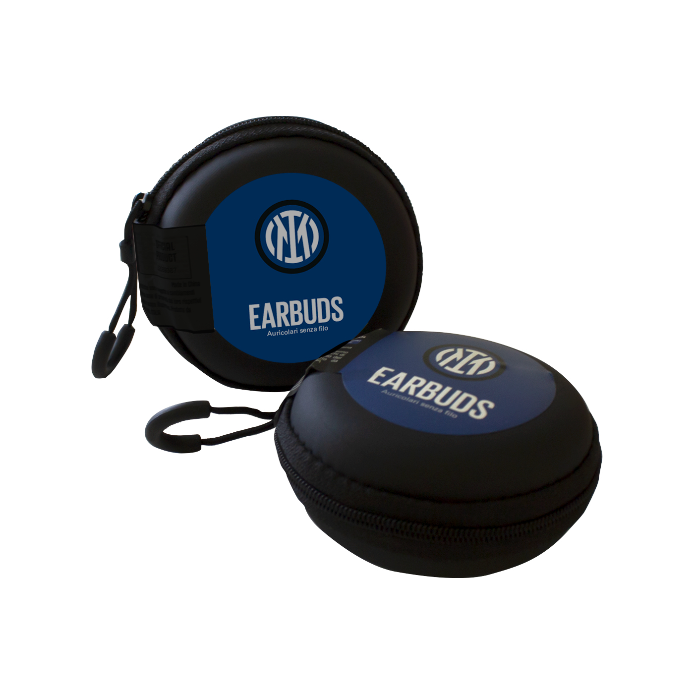 Custodia per auricolari. Custodia nera con logo blu e la parola EARBUDS. Due custodie.