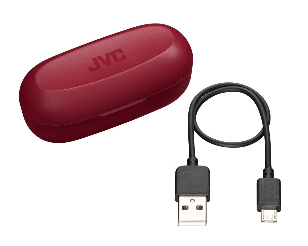 Czerwone etui na słuchawki i czarny kabel USB ze złączem USB-C.