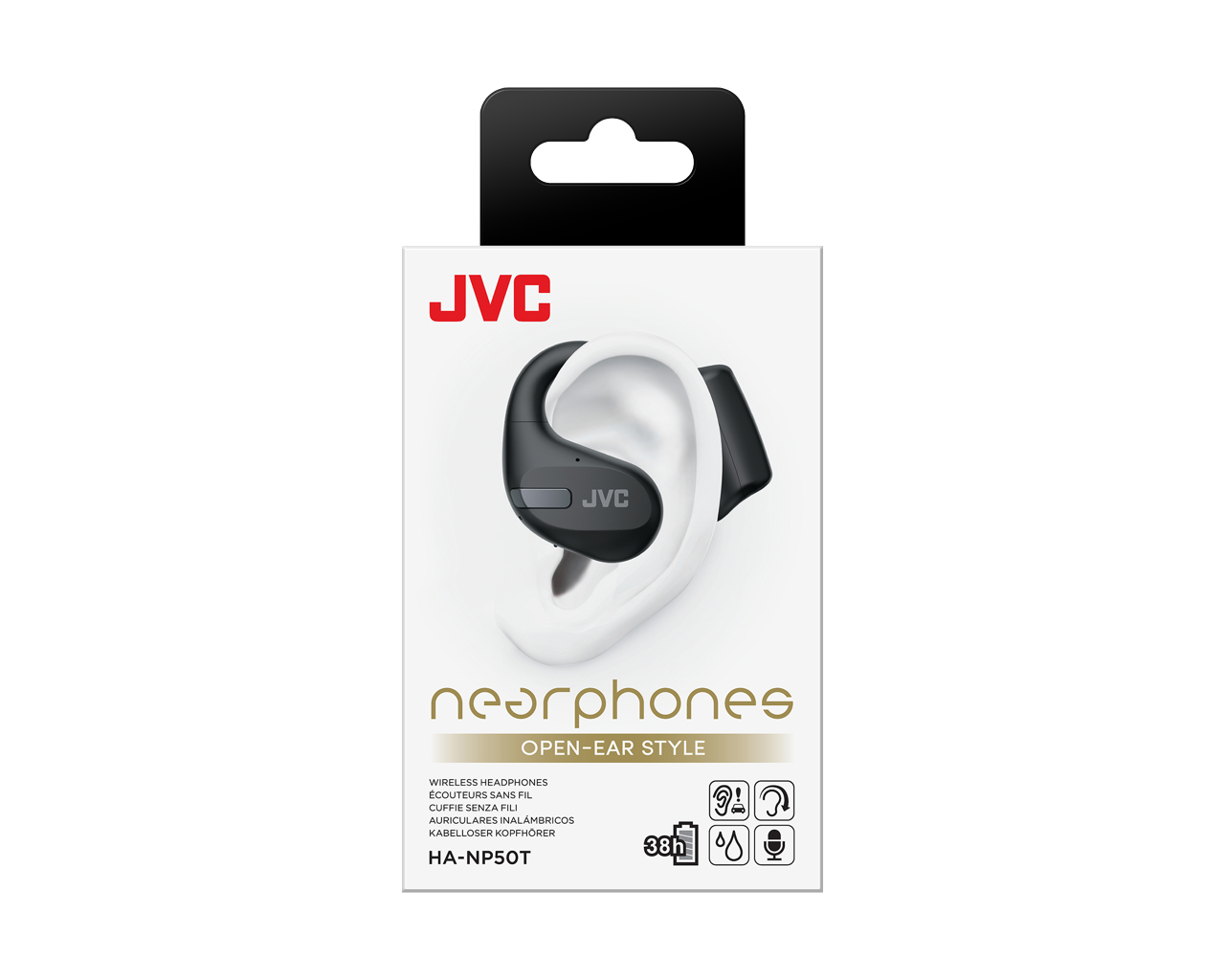 Słuchawki w opakowaniu. Opakowanie jest białe z czarnym tekstem. Białe tło.