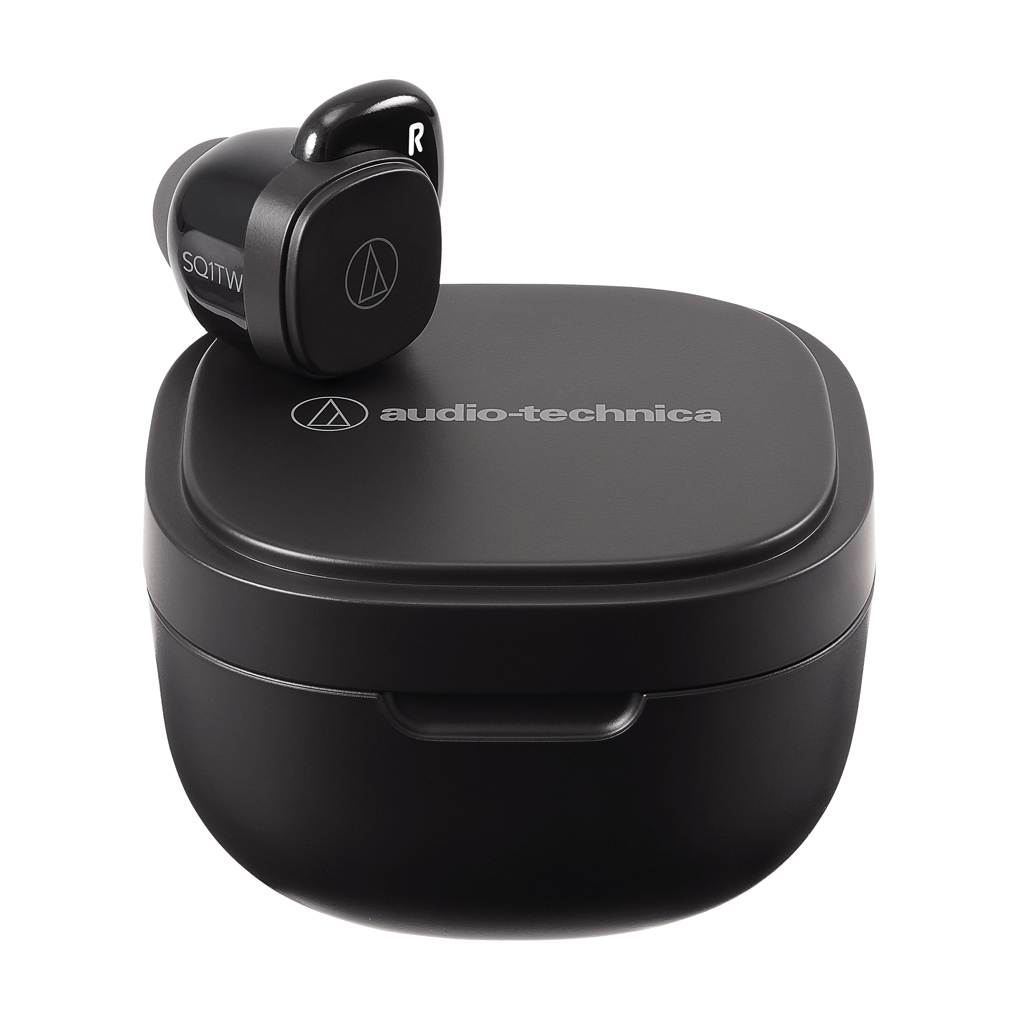 Schwarzer Audio-Technica-Ohrhörer und Ladeetui. Der Ohrhörer hat ein 'R'.