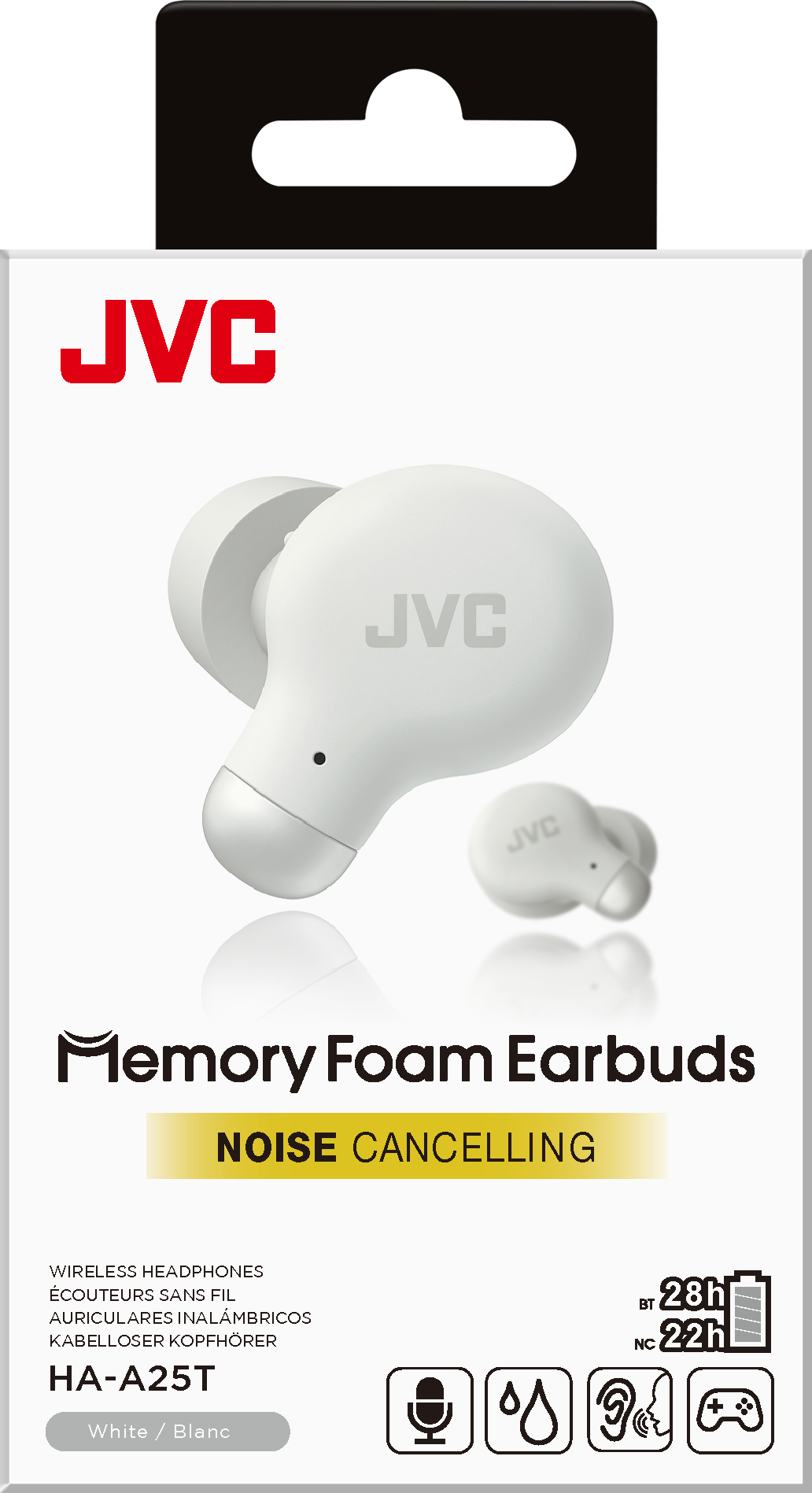 Scatola di auricolari JVC bianchi. La scatola ha il marchio e le caratteristiche. Auricolari mostrati all'interno.