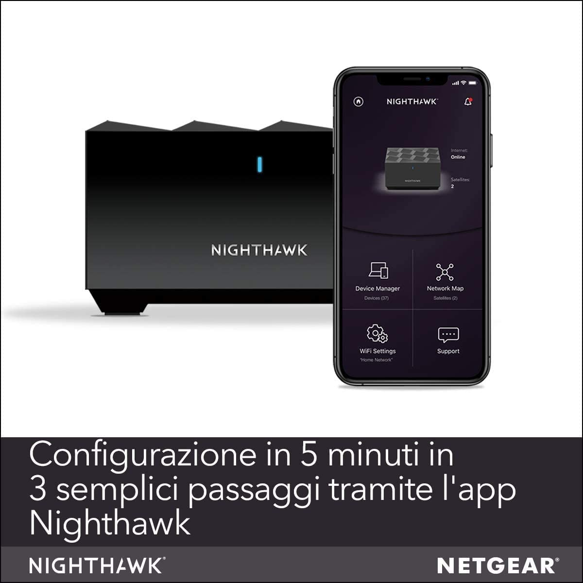 Dispositivo nero e uno smartphone con l'app aperta. Il testo dice configurazione in 5 minuti.