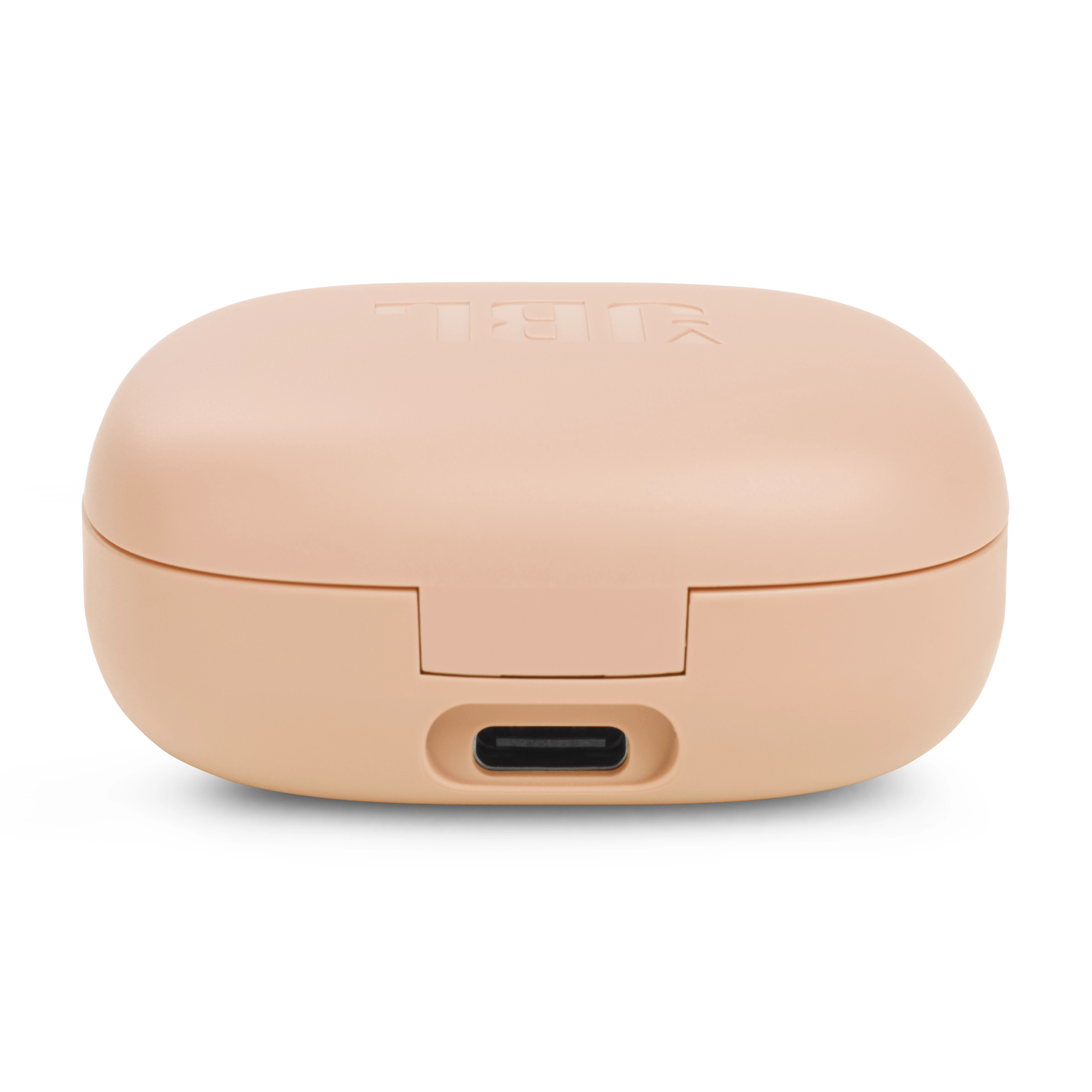 Beige oplaadcase voor oordopjes. De case is gesloten en heeft een oplaadpoort.