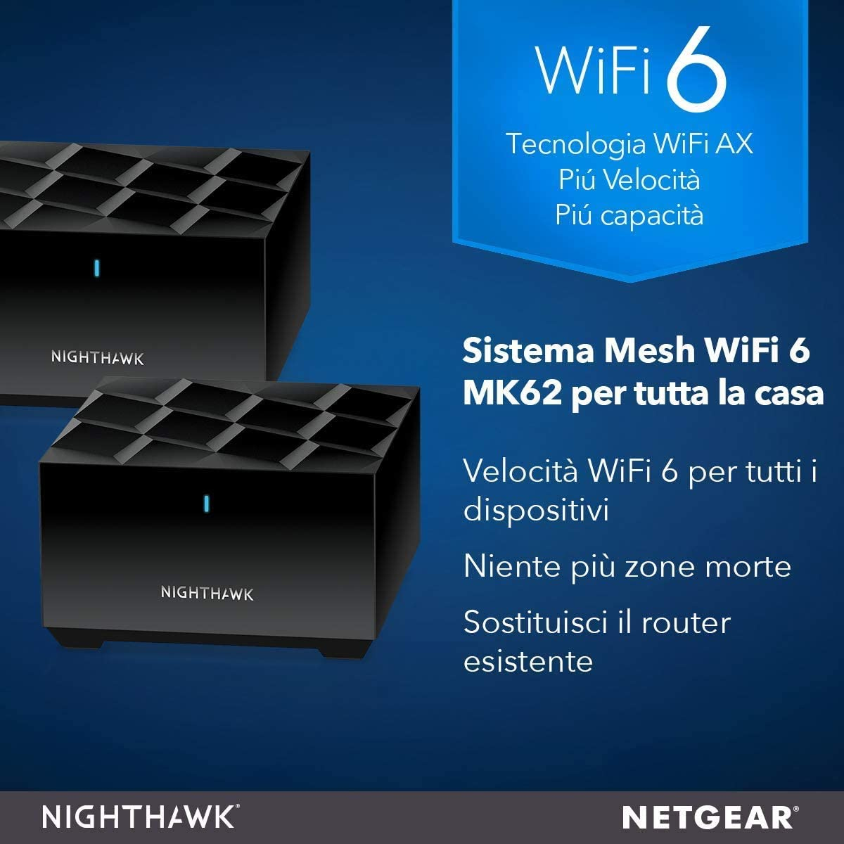 Due router WiFi 6 mesh neri con testo che descrive le funzionalità WiFi 6.