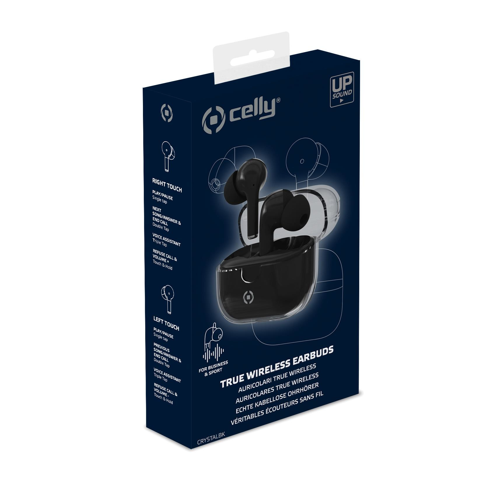 Auricolari neri in una scatola nera. La scatola ha testo in più lingue. Il marchio è Celly.