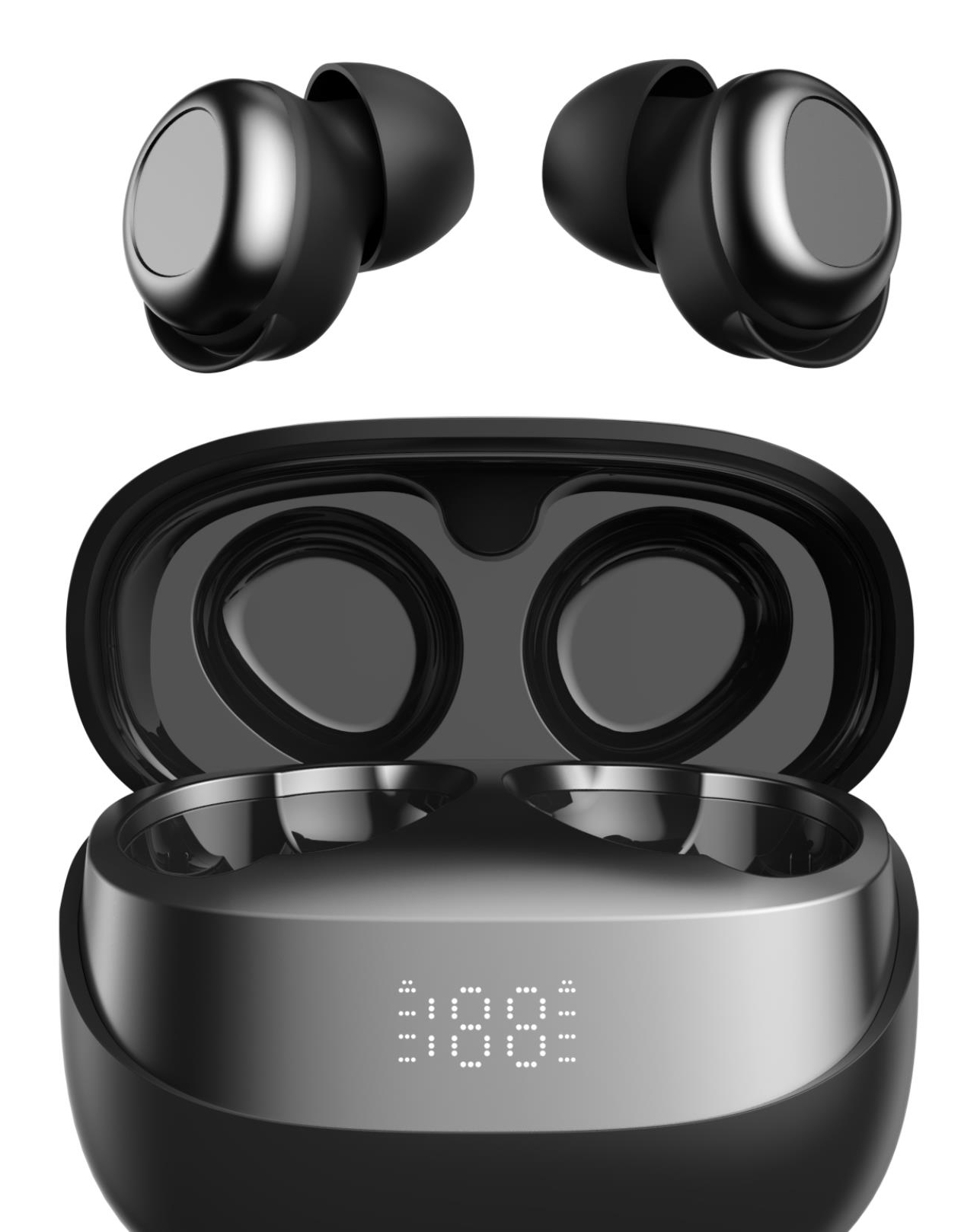 Auricolari wireless neri, con custodia di ricarica e display digitale, isolati su sfondo bianco.