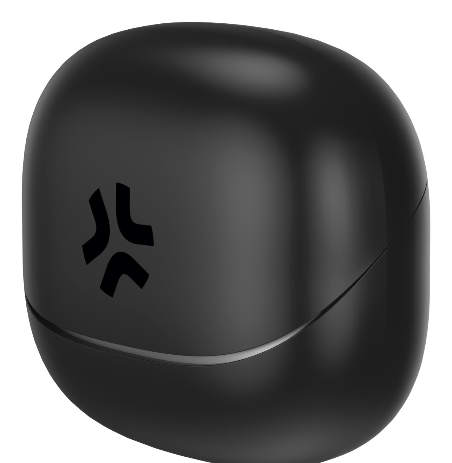 Custodia per auricolari nera arrotondata con logo e design curvo su sfondo bianco.