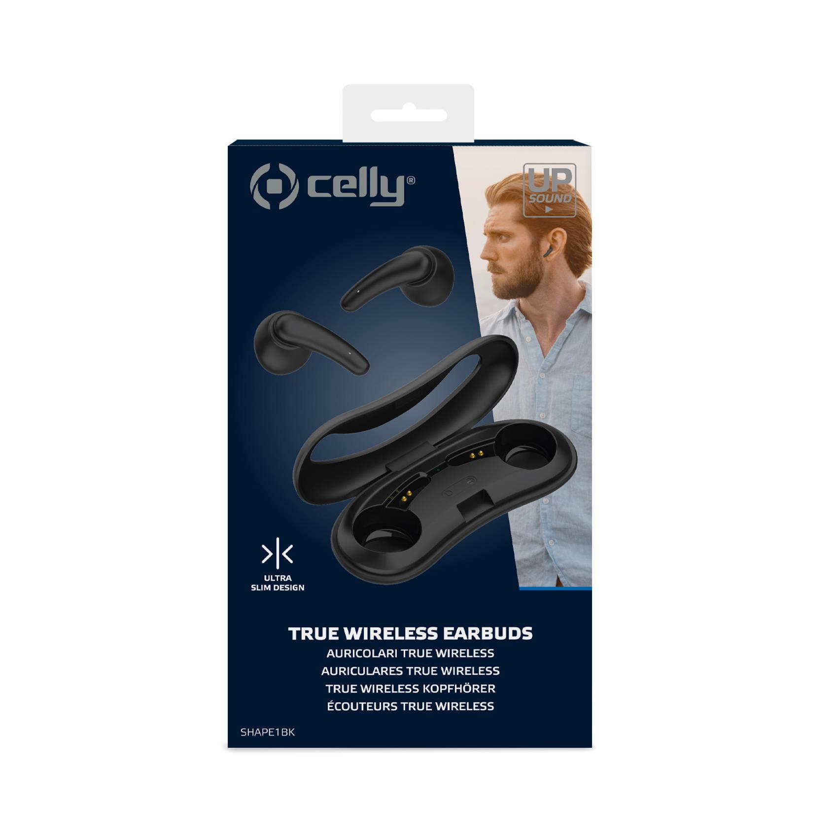 Auricolari neri, custodia di ricarica e volto di uomo sulla scatola. La scatola dice 'True Wireless Earbuds'.