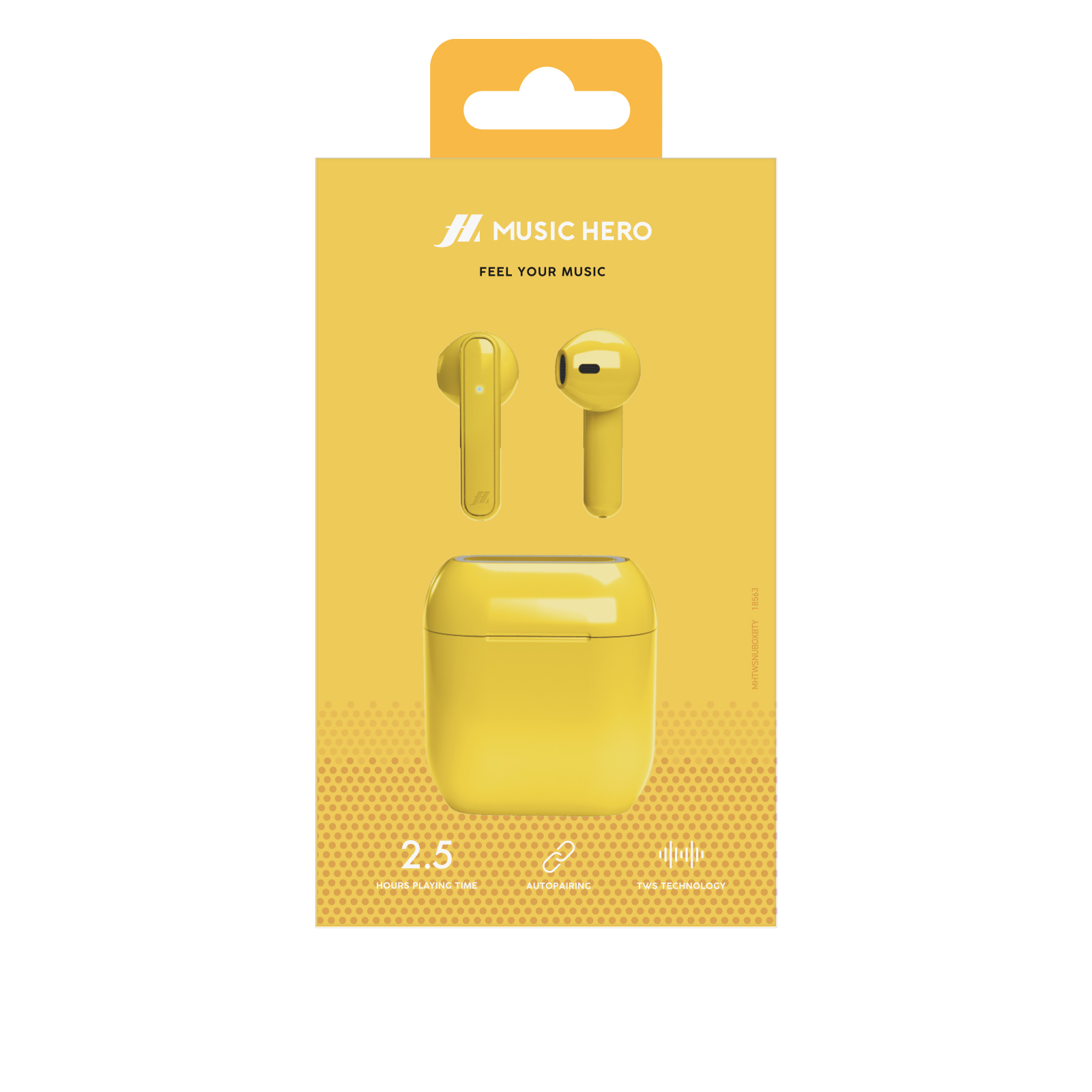 Auricolari gialli in una custodia di ricarica gialla. Scatola gialla. Sfondo bianco.