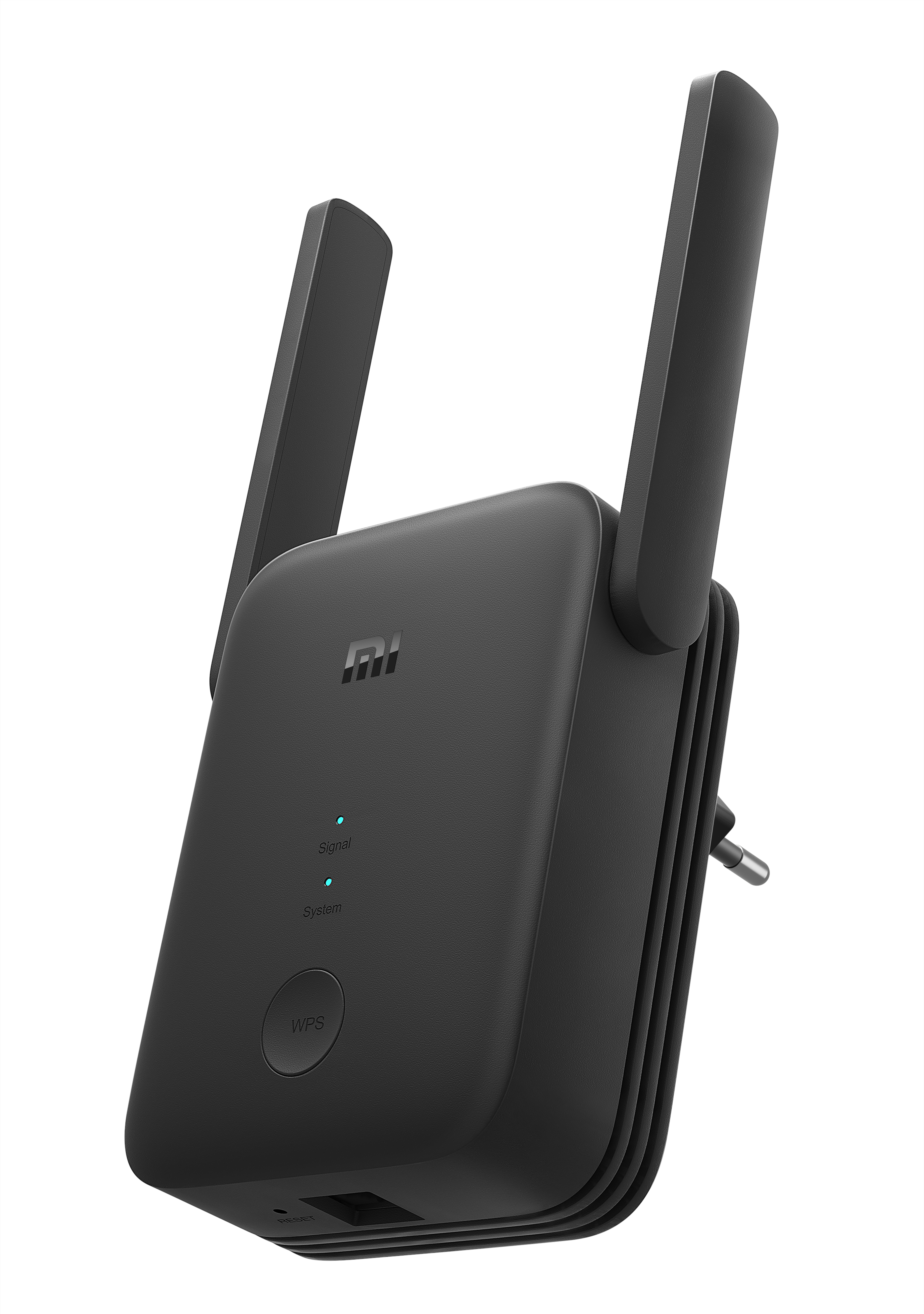 Extensor de alcance WiFi negro con dos antenas, botón WPS y luces.