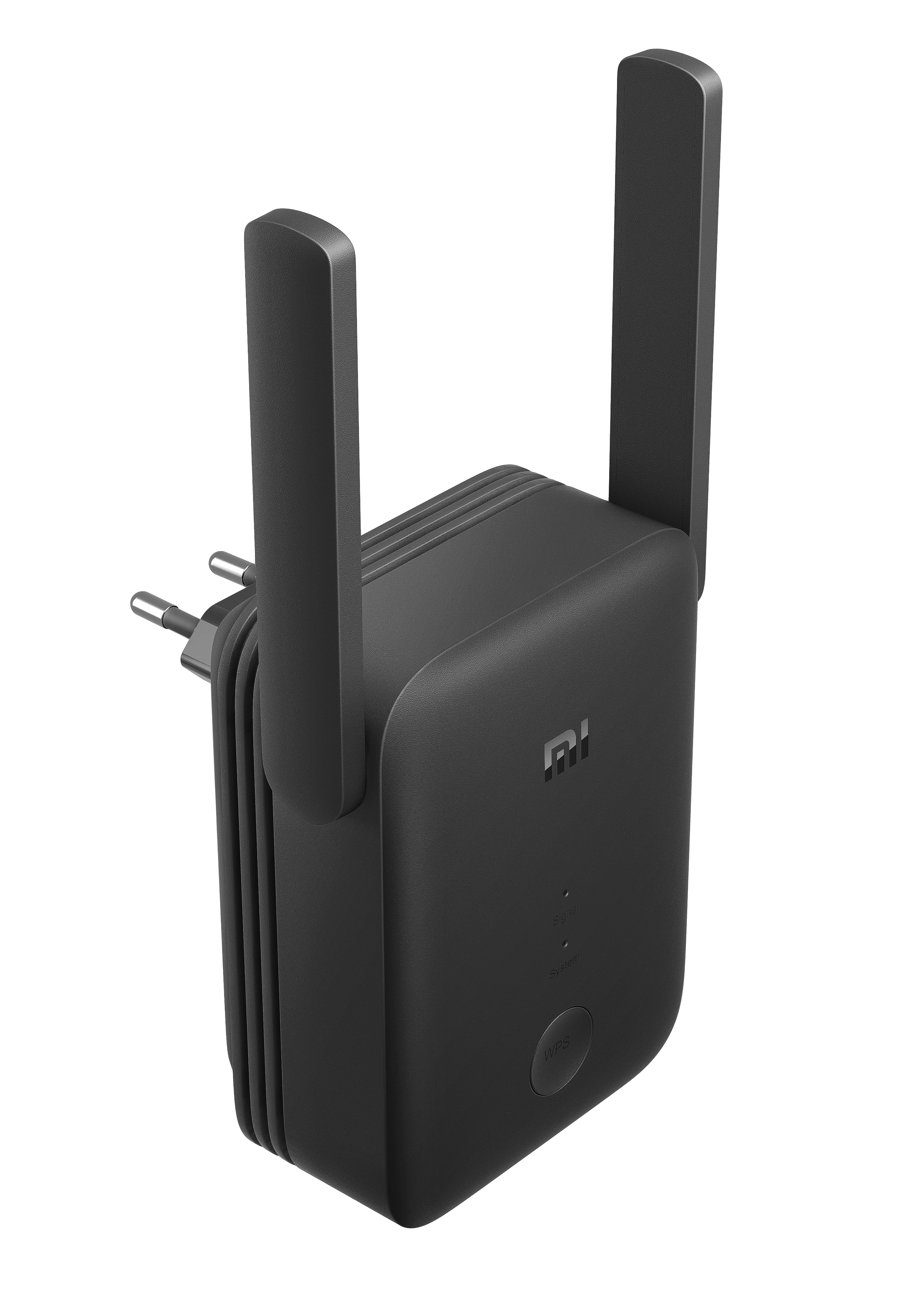 Extensor Wi-Fi negro con antenas y enchufe sobre fondo blanco.