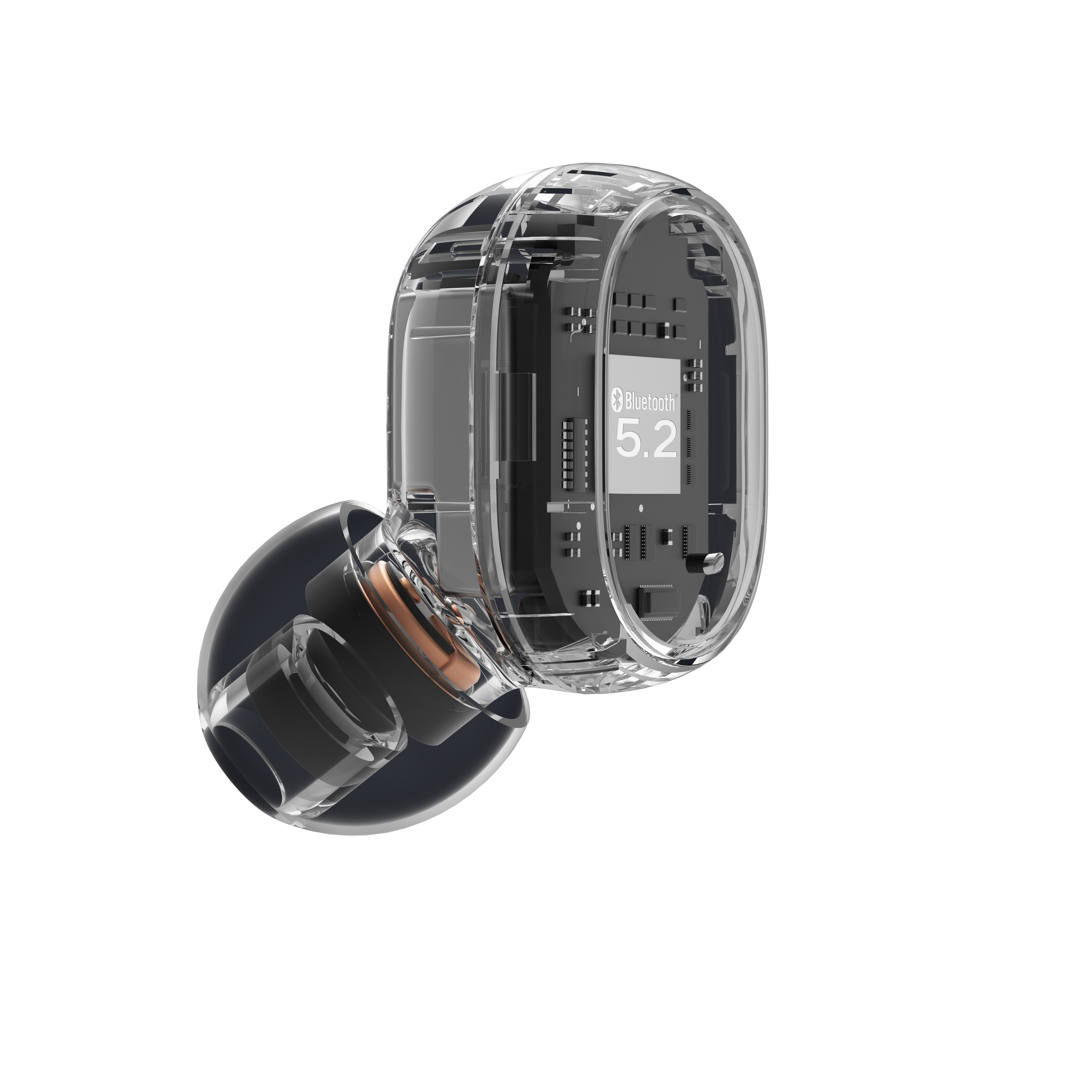 Przezroczysta słuchawka z widocznymi elementami wewnętrznymi. Etykieta Bluetooth 5.2 z boku.