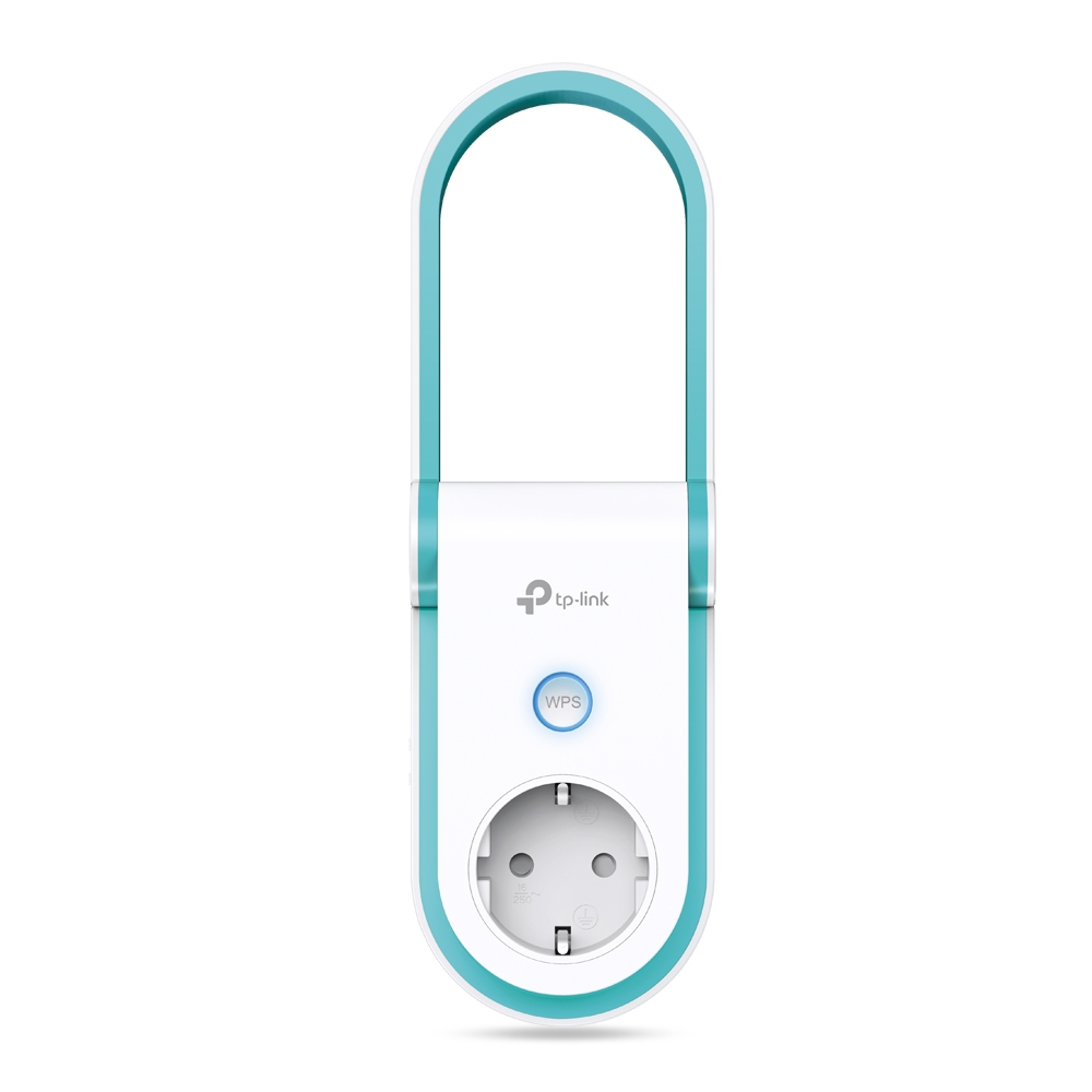 Biały i turkusowy adapter zasilania TP-Link z przyciskiem WPS i gniazdem.