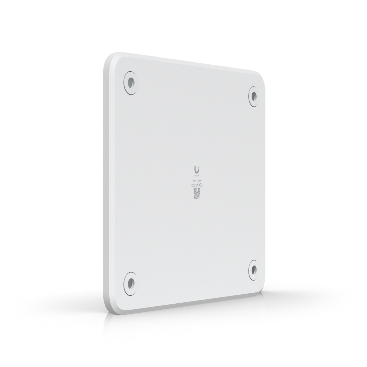 Dispositivo quadrato bianco con quattro fori per viti. Ha un logo e del testo sulla superficie.