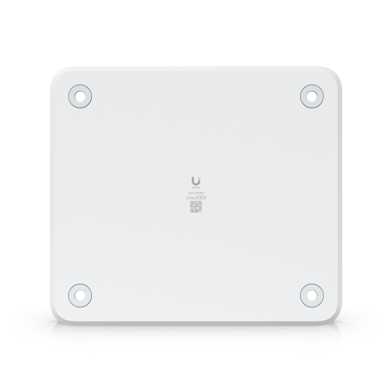 Un dispositivo quadrato bianco con angoli arrotondati. Ci sono 4 piccoli fori ad ogni angolo.