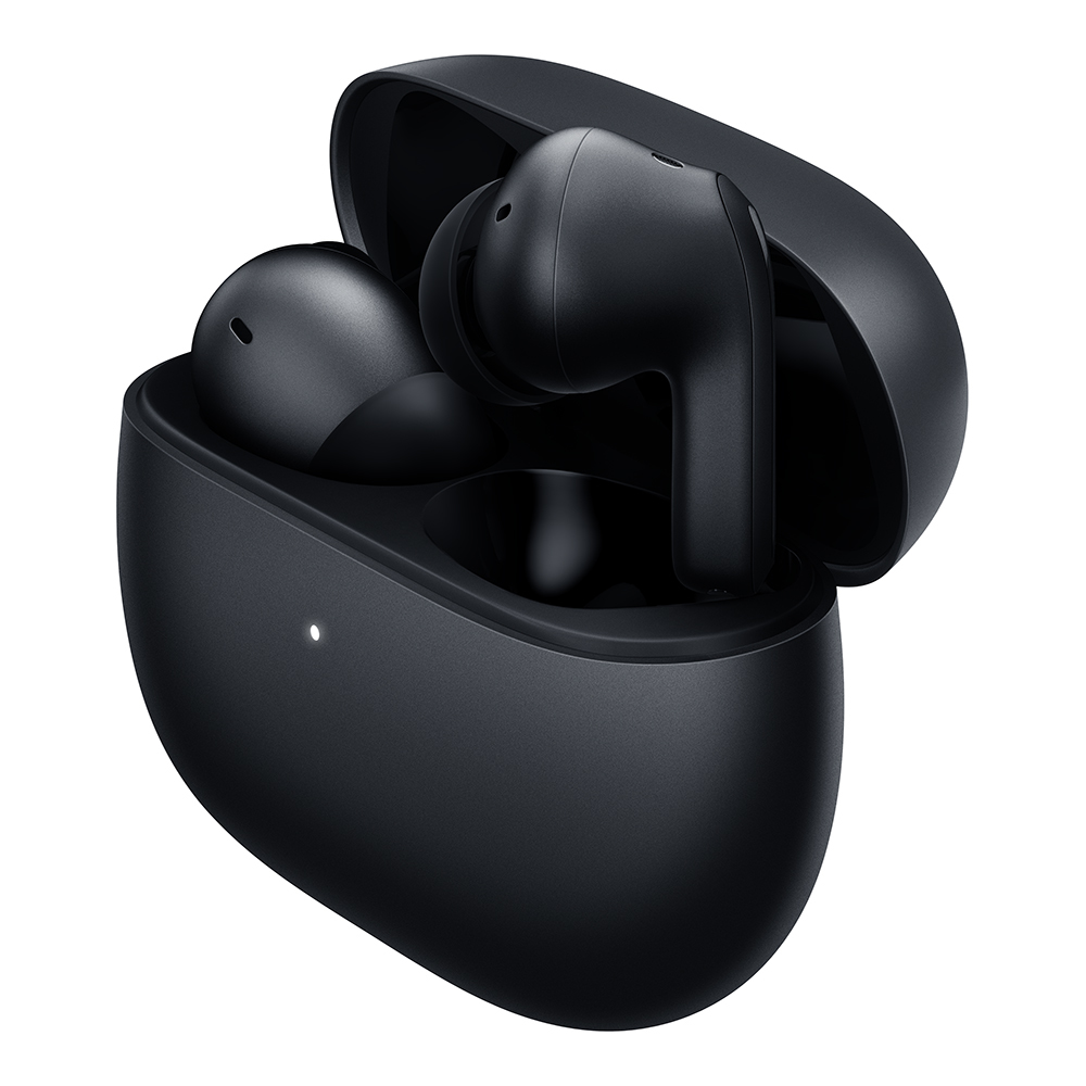 Auricolari wireless neri nella loro custodia di ricarica, la custodia è aperta e gli auricolari sono visibili.