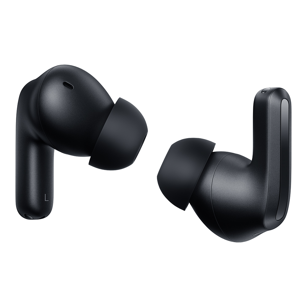 Due auricolari wireless neri, vista ravvicinata, angolati per mostrare i gommini e il corpo.