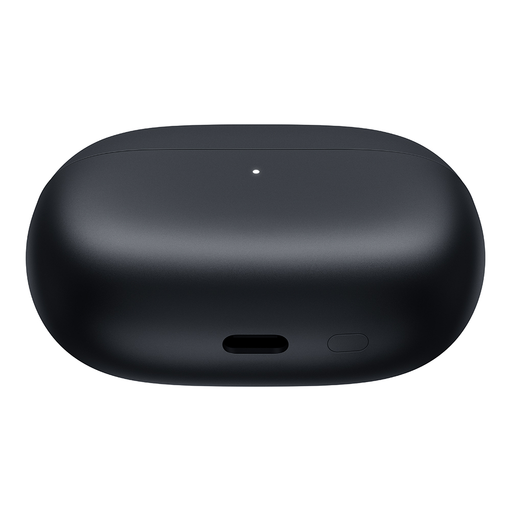 Custodia di ricarica nera per auricolari. Porta USB-C e un pulsante presenti.