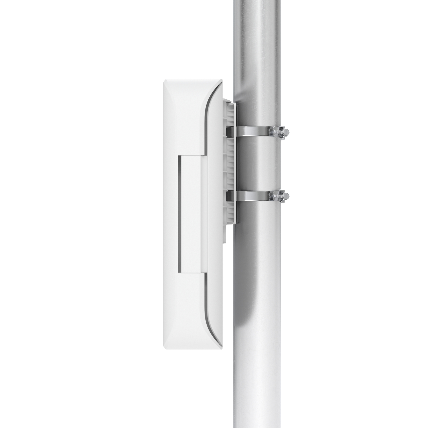 Un dispositivo bianco e rettangolare montato su un palo argentato con due morsetti metallici che lo fissano.