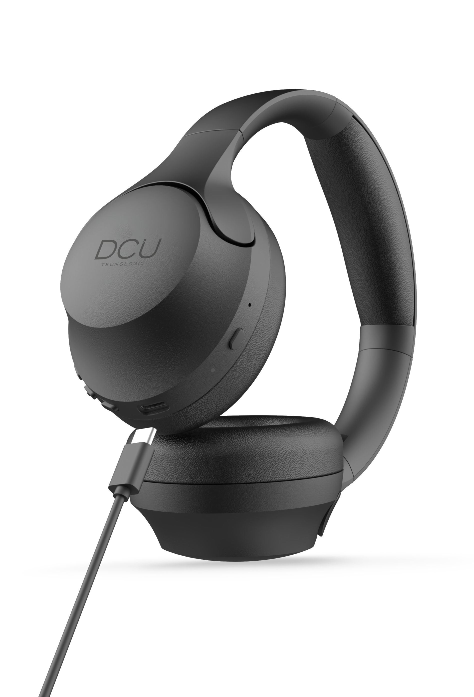 Cuffie wireless nere DCU con cavo, vista angolata su sfondo bianco.