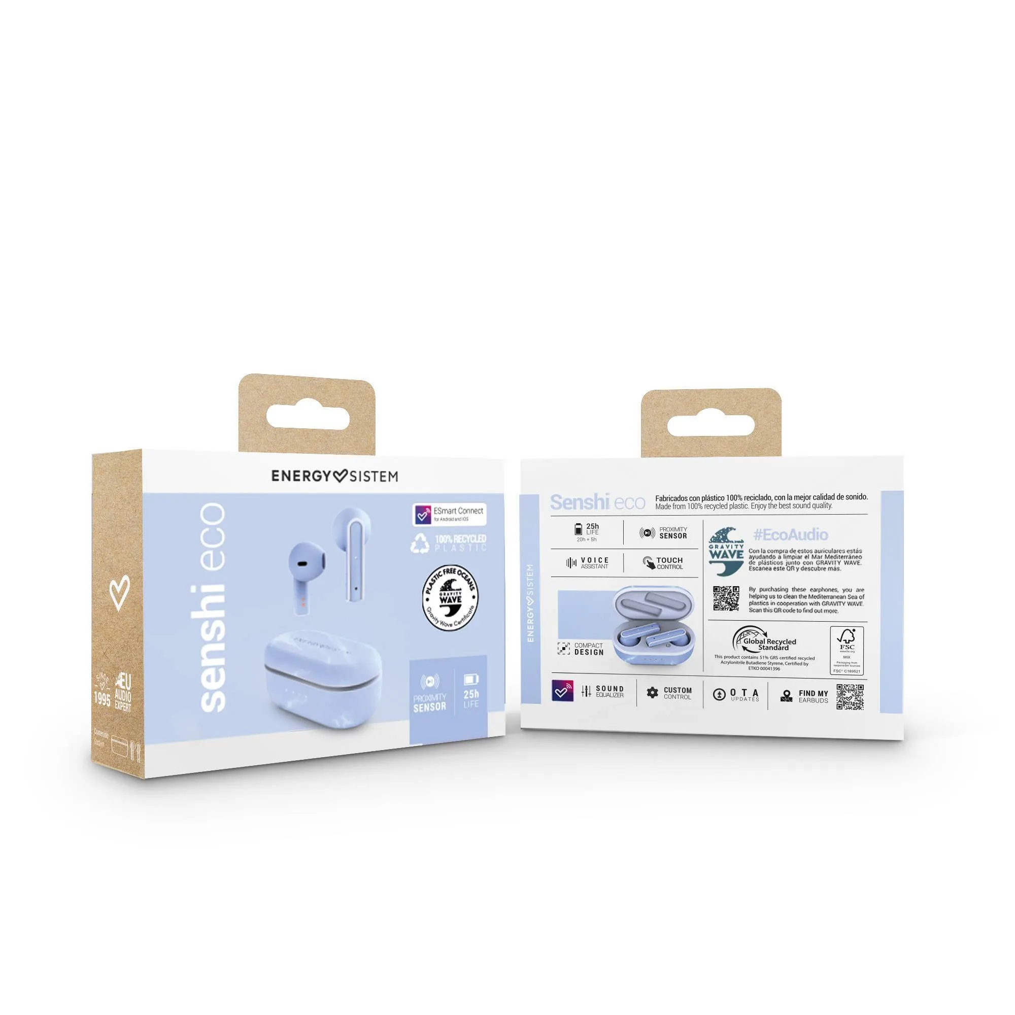 Due scatole, una mostra auricolari blu in un astuccio bianco. L'altra mostra il retro della scatola.