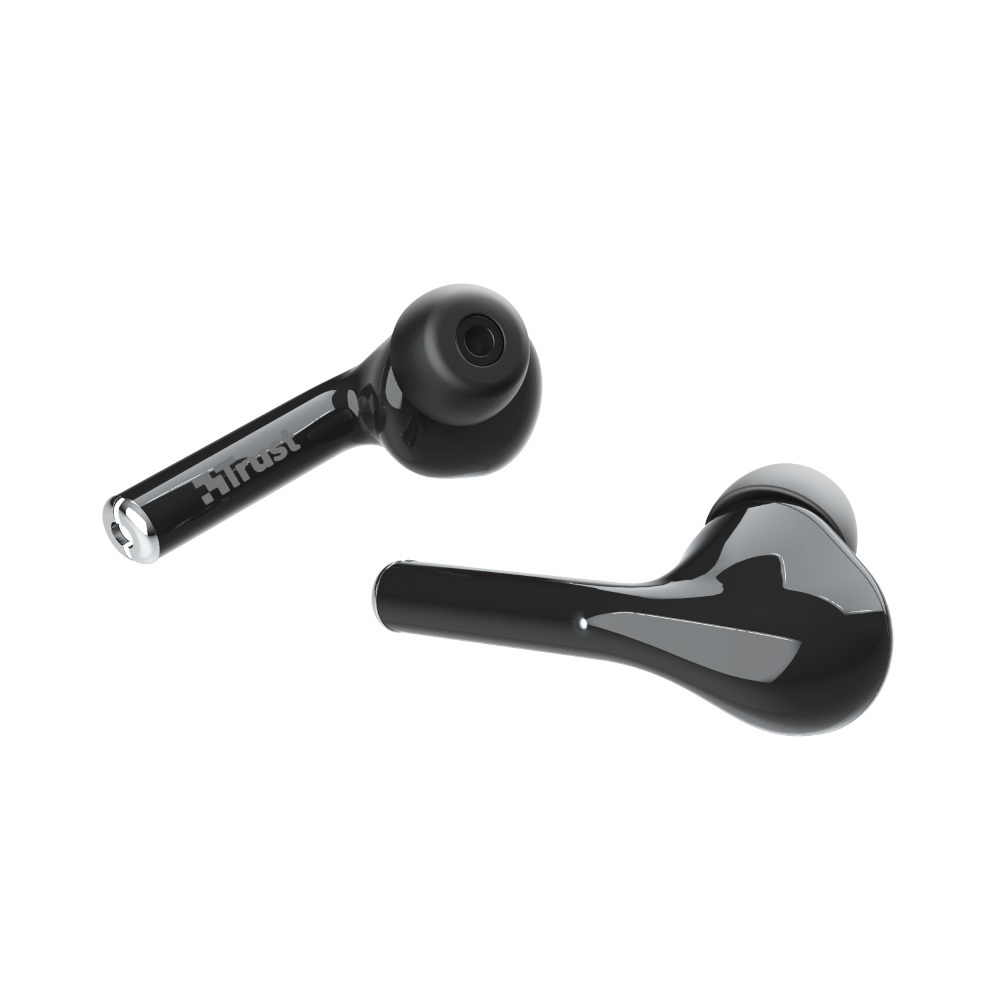 Auricolari wireless neri, isolati su una superficie bianca. Il marchio 'Trust' è visibile.