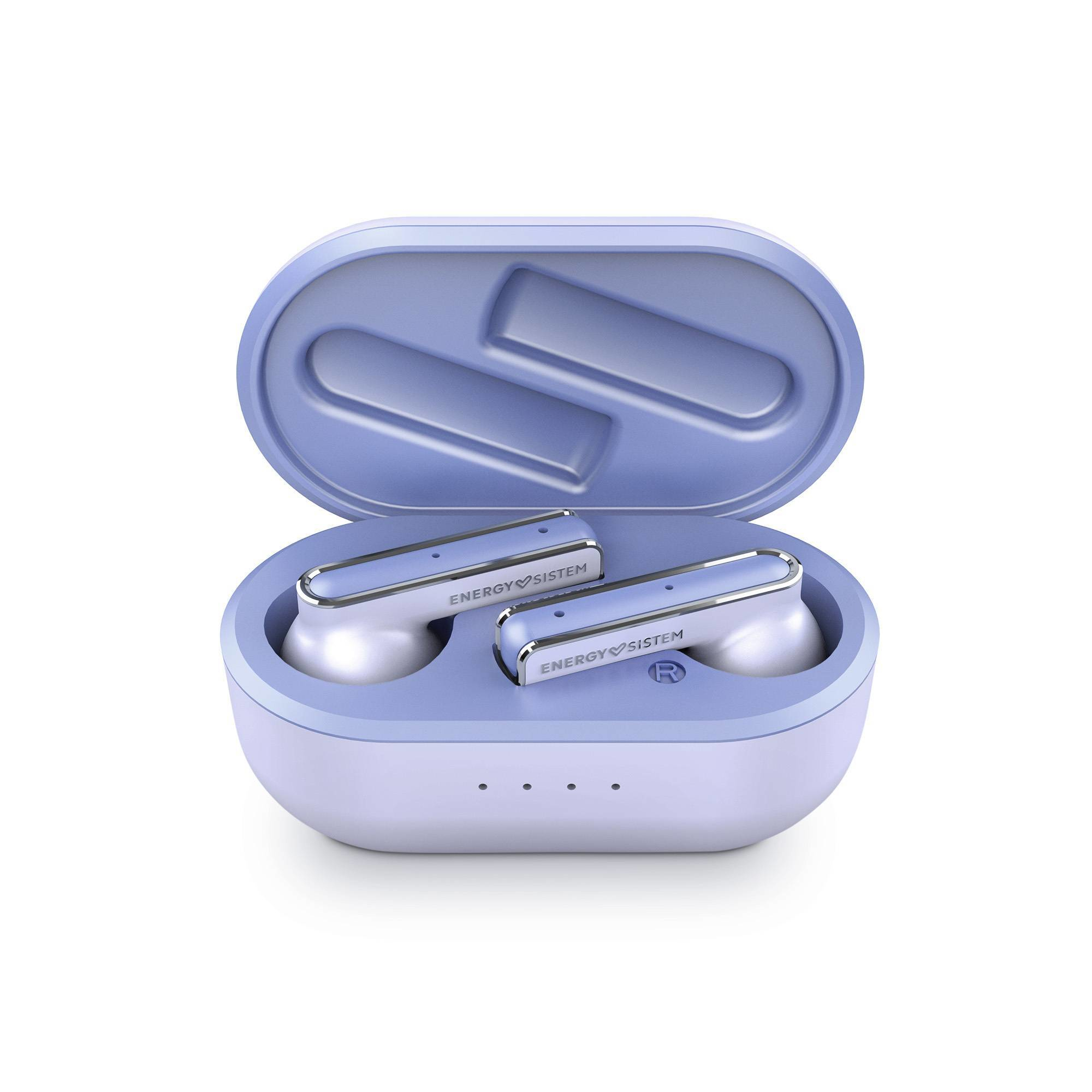 Auriculares azules y blancos con estuche de carga sobre fondo blanco.
