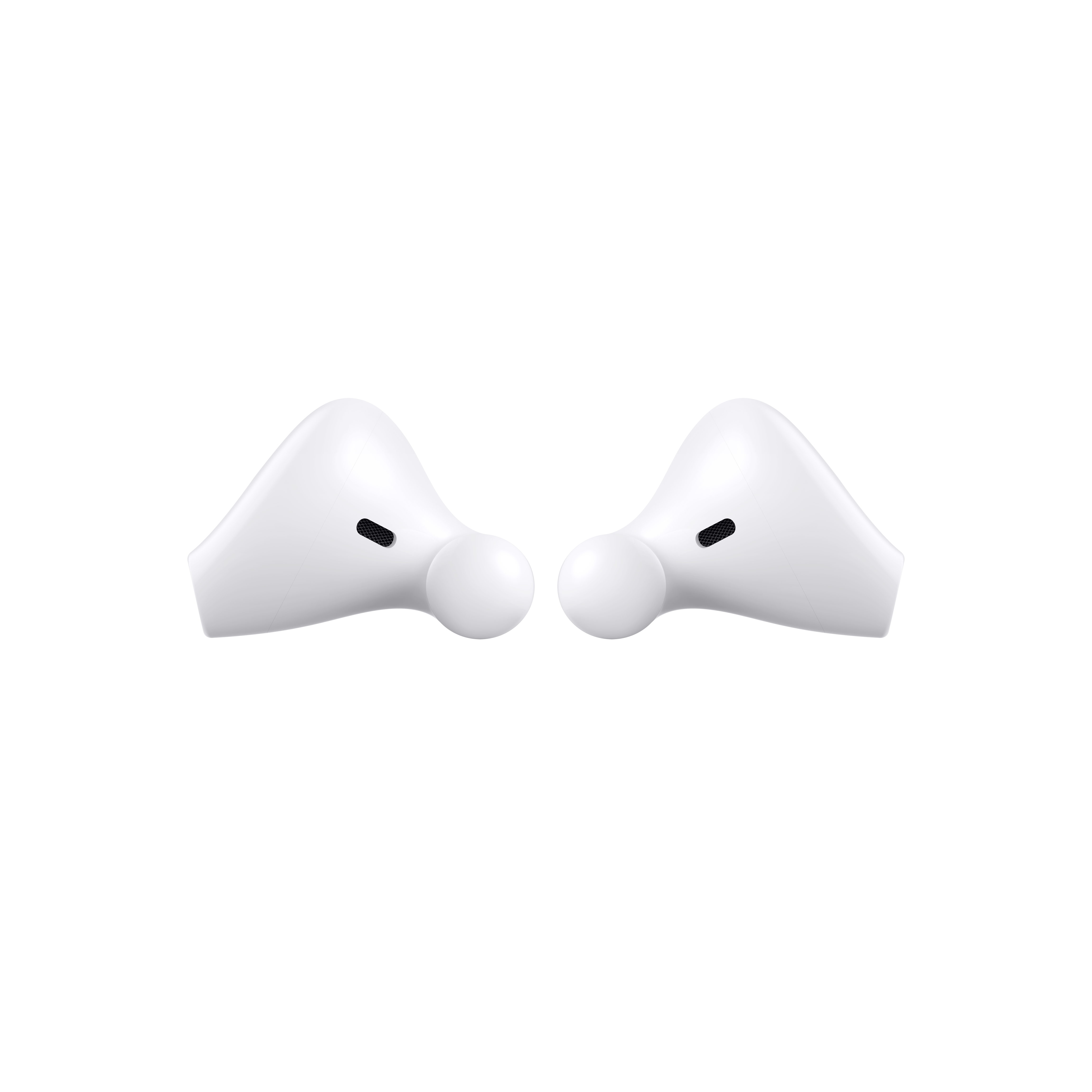 Dos auriculares blancos tipo botón. Cada uno tiene una pequeña abertura negra para el micrófono.
